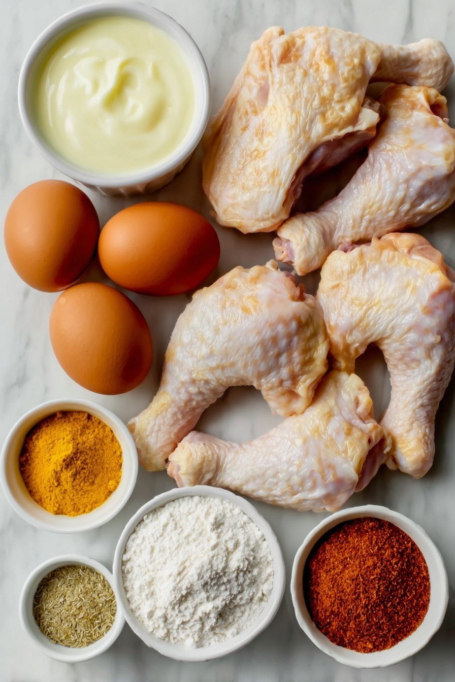 Flat lay of fresh bone-in skin-on chicken thighs, legs, and whole wings, a small handful of vibrant Creole Cajun seasoning, two whole brown eggs with clean shells, a small white ceramic bowl of creamy buttermilk, a small white ceramic bowl of smooth yellow mustard, a small white ceramic bowl filled with self-rising flour, a small white ceramic bowl of fine cornstarch, small white ceramic bowls containing garlic powder, onion powder, and lemon pepper seasoning each with their individual pale powders, all arranged symmetrically on a clean white marble surface, soft natural light, photo taken with an iPhone, professional food photography style, fresh ingredients, white ceramic bowls, no bottles, no duplicates, no utensils, no packaging --ar 2:3 --v 7 --p m7354615311229779997