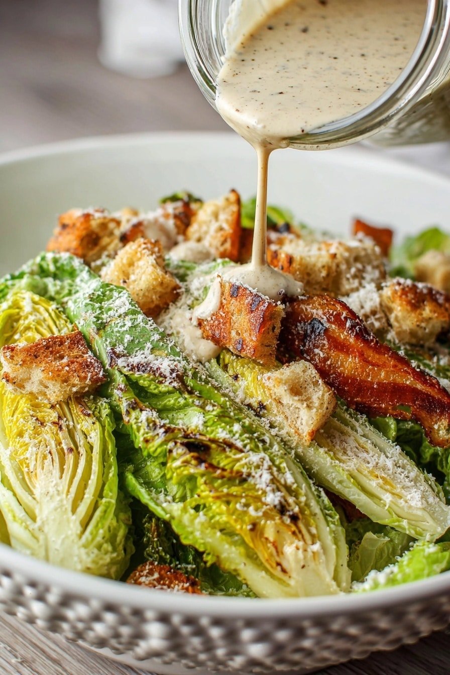 A white bowl holds a salad with three main layers: the bottom layer has large grilled green lettuce halves with light brown grill marks and a slightly charred texture; the middle layer has golden-brown toasted croutons with some almost blackened edges, scattered unevenly over the lettuce; the top layer is a creamy light beige dressing with small dark specks, being poured from a glass jar onto the salad. The salad is sprinkled with a fine white powdery cheese all over the top. The background is a white marbled texture. Photo taken with an iphone --ar 2:3 --v 7