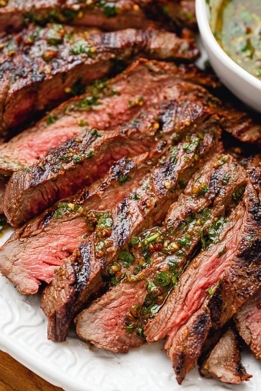 The image shows a close-up of juicy steak slices arranged in a slightly overlapping pattern on a white plate. The steak has a brown, well-seared outside with grill marks and a pinkish-red inside showing a tender, medium-rare texture. The meat surface is sprinkled with coarse spices and herbs, giving it a textured appearance. On the top right edge, part of a bowl with a green sauce is visible, adding a fresh contrast to the rich meat. The setting features a white marbled surface. photo taken with an iphone --ar 2:3 --v 7