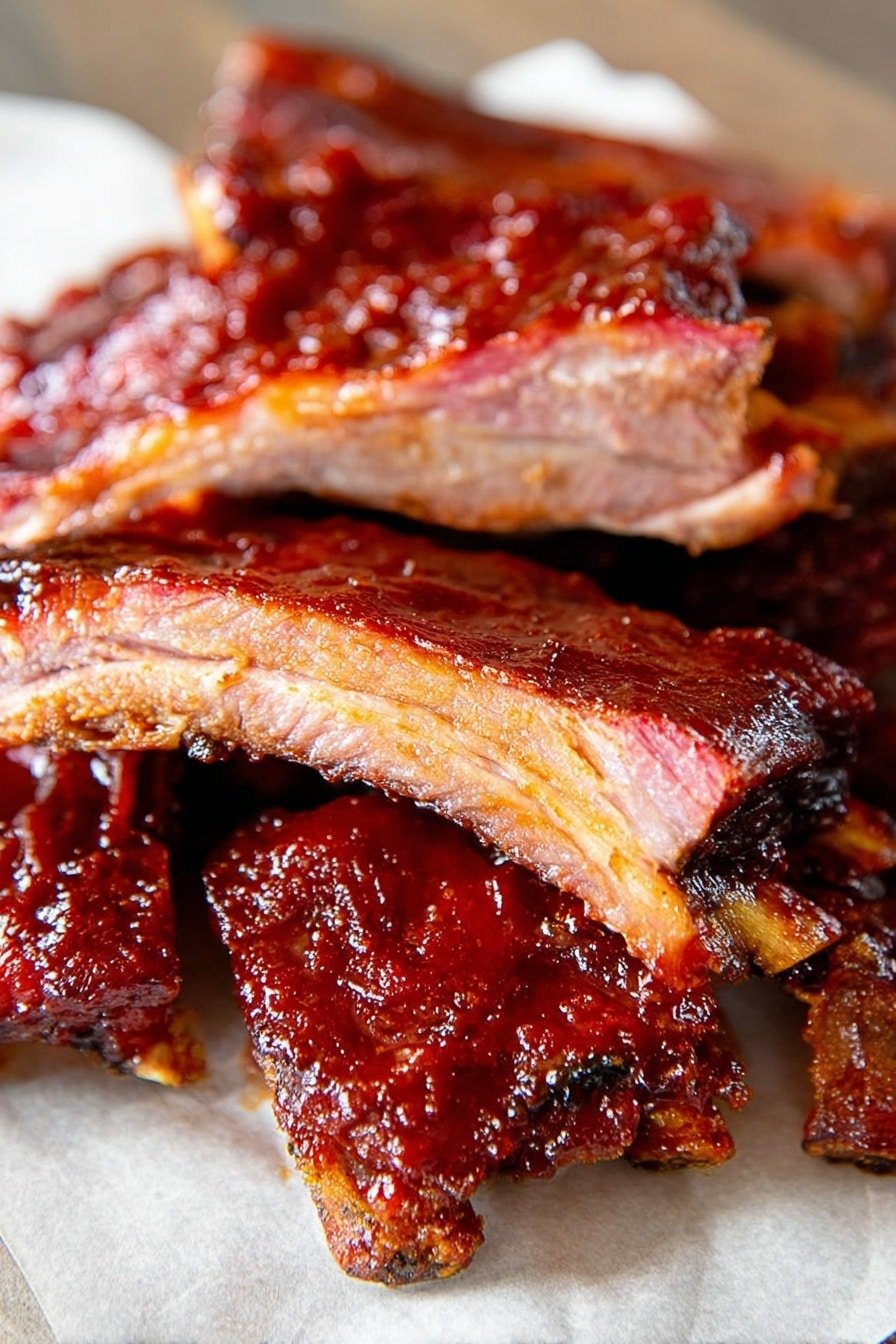 A close-up view of several ribs stacked on a layer of light brown parchment paper, placed on a surface with a white marbled texture. The ribs have a shiny, deep red-brown sauce glazed over them, with some visible texture of cooked meat and slight charring at the edges. One rib is positioned on top at the center, showing a clear inner layer of light pink meat beneath the saucy outside, highlighting the tender texture. The ribs look moist and richly coated in thick sauce. Photo taken with an iphone --ar 2:3 --v 7