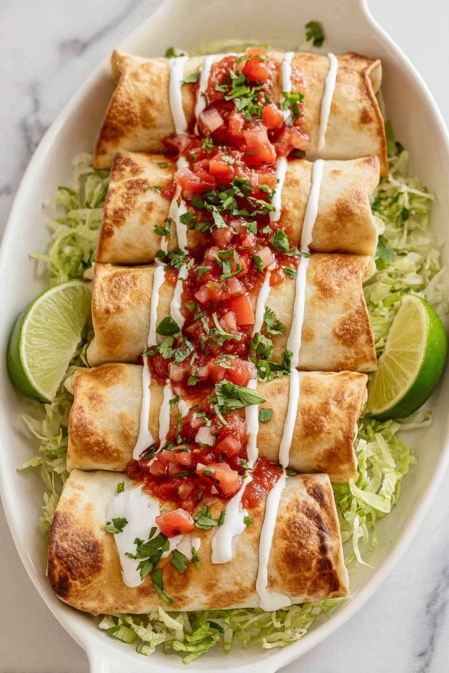 Four golden brown folded burritos lay side by side on a bed of shredded green lettuce inside a white oval dish. On top of the burritos is a thick line of red salsa, scattered with small diced red tomatoes and sprinkled with fresh chopped green cilantro. Thin streams of white sauce run along the salsa line. Two lime wedges rest on the green lettuce on one side of the dish. The background is a white marbled surface. photo taken with an iphone --ar 2:3 --v 7