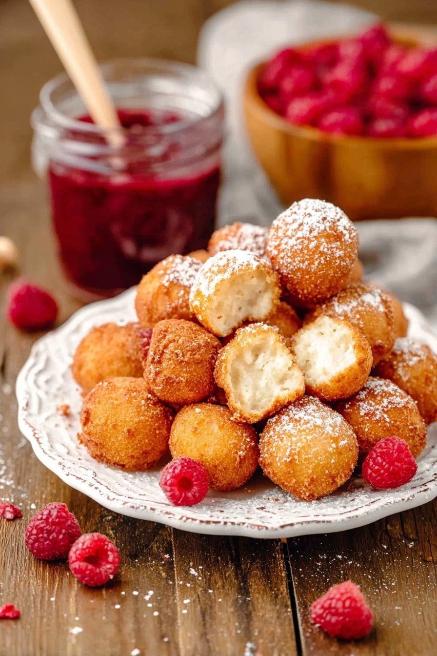 A white plate filled with about 14 golden brown fried cheese balls, some dusted lightly with powdered sugar. A few bright red raspberries are scattered around the cheese balls on the plate and on the white marbled surface. One cheese ball is split open in front of the plate showing a soft white inside, topped with a single raspberry. Behind the plate, there is a clear glass jar filled with red raspberry sauce with a light wooden spoon inside it. In the background, a wooden bowl holds more fresh raspberries. Photo taken with an iphone --ar 2:3 --v 7