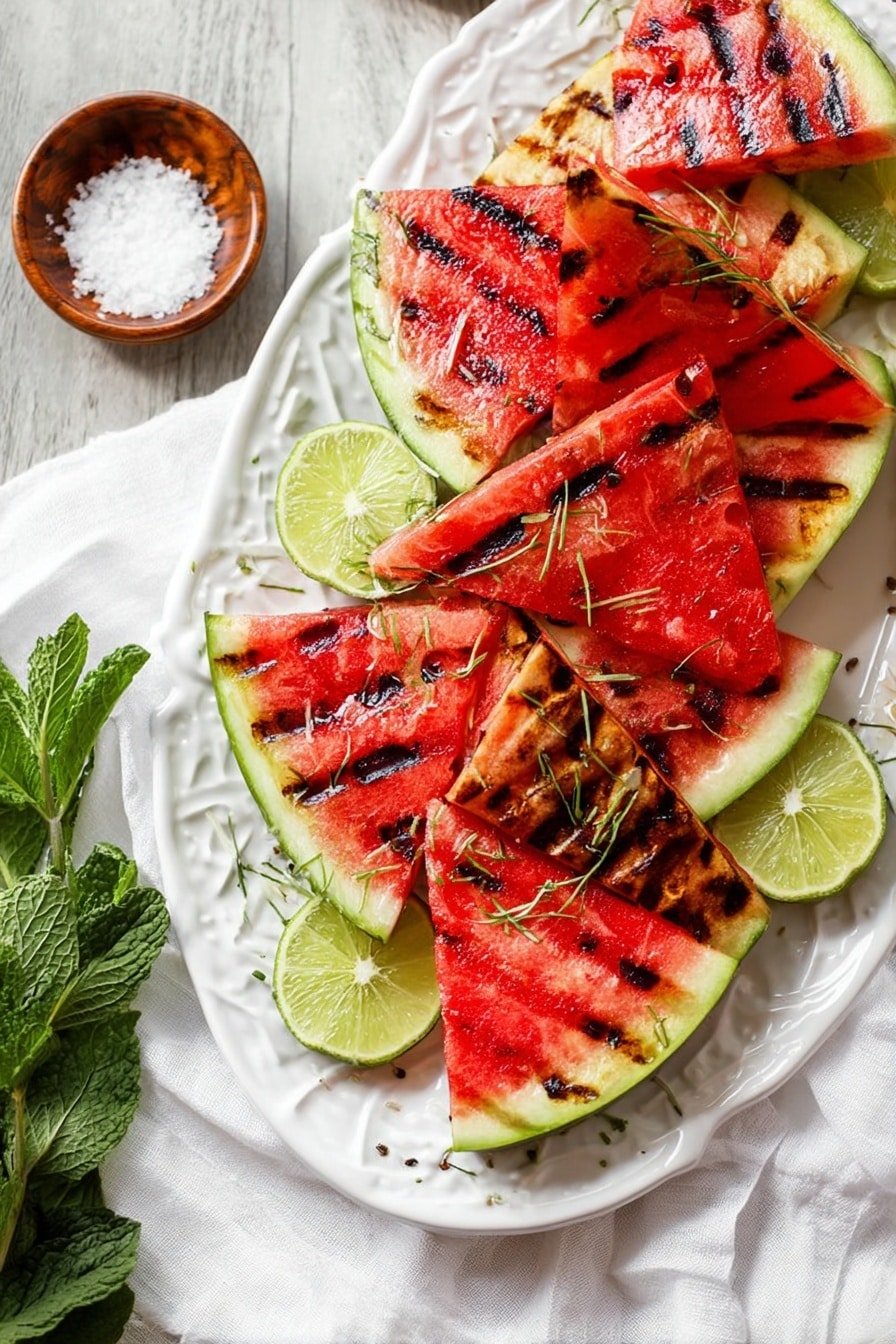 A long ornate white plate holds about nine triangular grilled watermelon slices, each with charred black grill marks on the bright red flesh and light green rind. Small thin green herbs are sprinkled on top of the watermelon. Around the watermelon pieces are pale green lime wedges. To the left side of the plate is a small brown bowl filled with coarse white salt. The plate is on a white cloth next to some fresh dark green mint leaves, all placed on a wood texture. Photo taken with an iphone --ar 2:3 --v 7