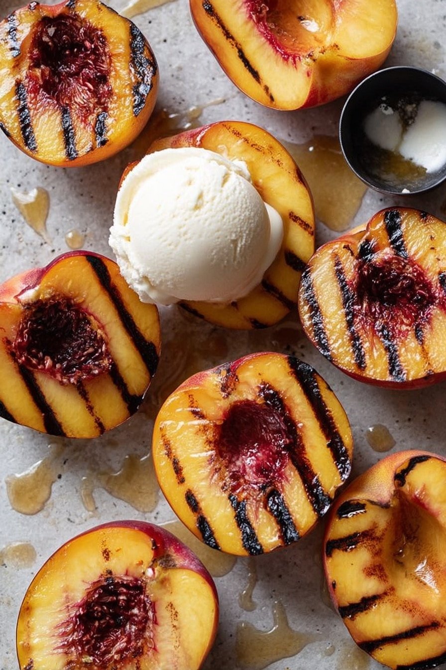 The image shows several grilled peach halves with dark brown grill marks arranged closely on a light gray stone surface with some drizzled syrup around them. One peach half is topped with a smooth, round scoop of white ice cream melting slightly onto the peach. Next to the peaches is a small round silver scoop filled with creamy white ice cream. The peaches have a warm yellow-orange flesh with dark reddish-brown centers where the pits were removed. photo taken with an iphone --ar 2:3 --v 7