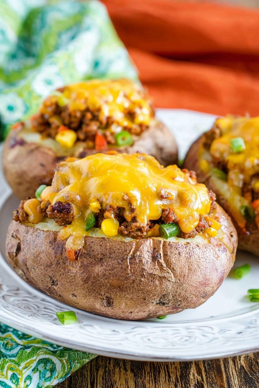 The image shows three large baked potatoes with rough brown skins placed on an ornate white plate. Each potato is open and stuffed with a layered filling: the bottom layer appears to be soft potato inside the skin, followed by a mix of ground beef cooked with small green and orange vegetable pieces, possibly bell peppers and corn. The top layer is a thick covering of melted yellow cheese, which is glossy and slightly dripping. The potatoes are sitting on a wood texture, with a green and white patterned cloth and an orange cloth in the blurred background. Photo taken with an iphone --ar 2:3 --v 7
