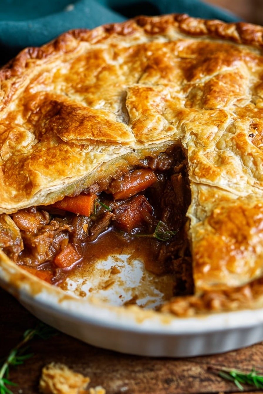 A savory pie sits in an ornate white pie dish with a golden brown crust that is flaky and slightly uneven on top; a slice is removed, showing two thick layers inside: the top layer is light golden pastry, and the bottom layer is filled with a rich mix of dark brown chunks of meat and soft orange carrot pieces in a glossy brown sauce that spills slightly onto the dish. The pie rests on a wood texture with some crumbs scattered around. Photo taken with an iphone --ar 2:3 --v 7