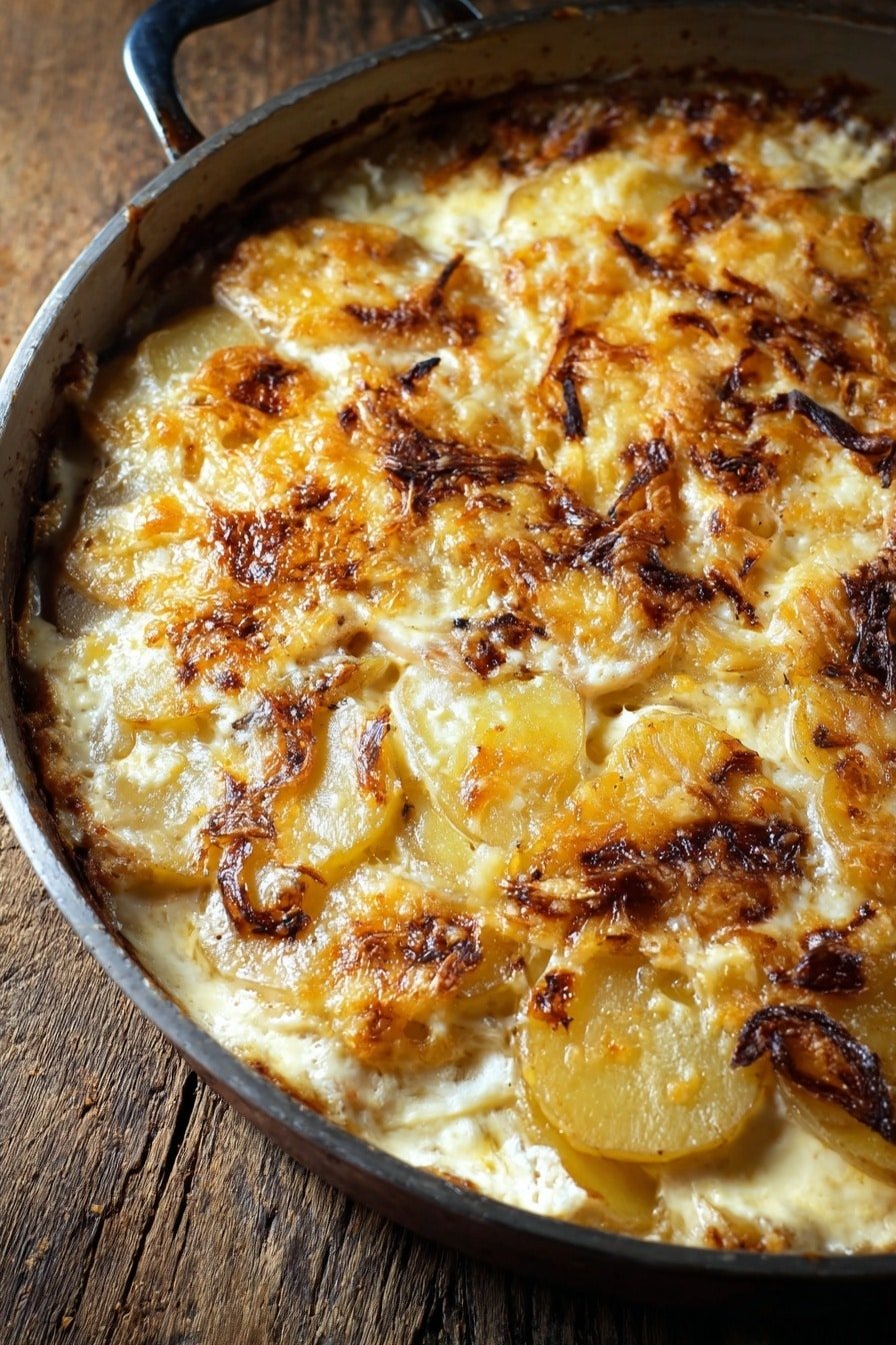 The dish is a baked gratin in a black cast iron pan on a wood texture surface, with a creamy, golden brown top layer showing melted cheese with crispy caramelized bits. Underneath, thin slices of pale yellow potatoes and translucent, cooked onions are visible, slightly bubbling in a creamy white sauce. The edges are browned and slightly crusty, with some cheese melted and spread unevenly around the pan sides, giving a rich, textured look. photo taken with an iphone --ar 2:3 --v 7