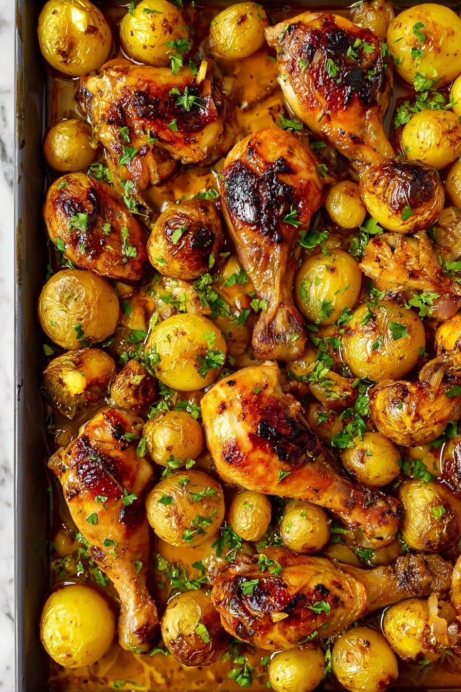 A tray filled with golden-brown roasted chicken pieces and small round potatoes, all evenly spaced and cooked to a crispy finish with slightly charred edges. The chicken parts vary in size and shape, including drumsticks and thighs, both showing a glossy, caramelized skin with grilled marks. The potatoes are mostly whole or halved, showing a soft yellow inside and a browned, roasted exterior. Fresh green herbs are sprinkled over the top, adding bright spots of color against the warm tones of the chicken and potatoes. The whole dish sits in a light layer of savory oil and juices that glisten under the light, placed on a white marbled surface. Photo taken with an iphone --ar 2:3 --v 7