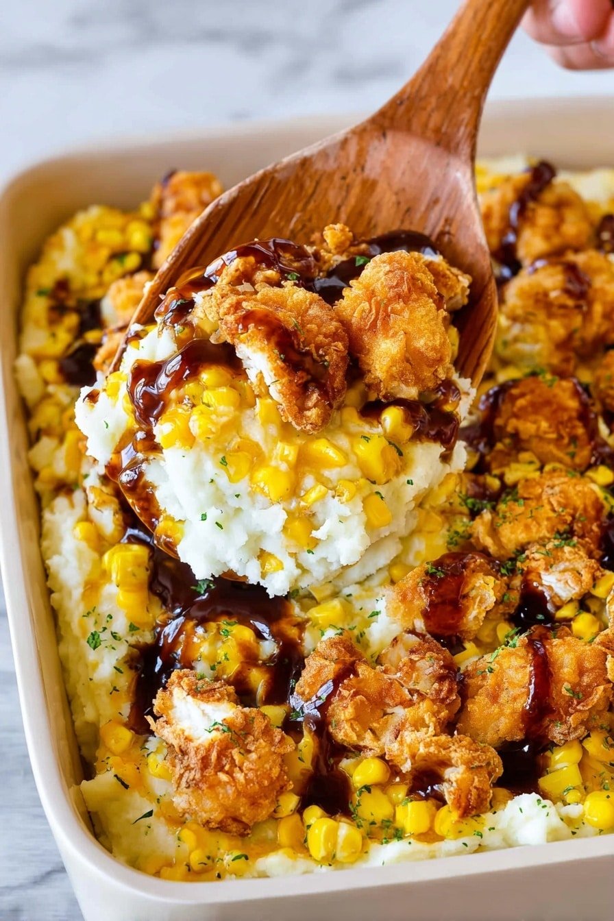 The dish is shown in a white square pan with four main layers visible. The bottom layer is white and creamy mashed potatoes with a smooth texture. Above this is a bright yellow layer of corn kernels mixed with some melted cheese and sprinkled green herbs. Crispy, golden-brown fried chicken pieces are spread thickly over the corn layer. A dark brown sauce is drizzled unevenly on top, adding a glossy finish. A wooden spoon is lifting a spoonful from the pan with a woman's hand holding the spoon, showing all four layers clearly. The background is a white marbled surface. photo taken with an iphone --ar 2:3 --v 7