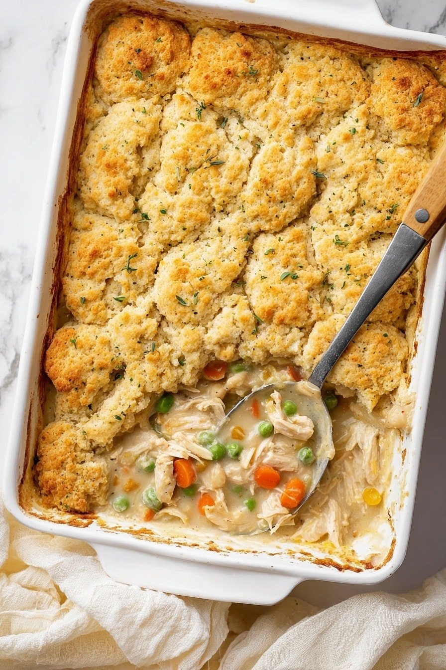 The image shows a white rectangular baking dish filled with a two-layer casserole. The top layer is a golden-brown, slightly rough biscuit crust with small green herb specks scattered across it. The crust covers most of the dish, except one corner where the mixture underneath is visible. The bottom layer is a creamy, light beige sauce filled with chunks of light-colored shredded chicken, orange carrot slices, and green peas. A metal spoon with a wooden handle is resting in the corner where the top layer is missing, partially submerged in the creamy mixture. The dish is placed on a white marbled surface with a soft cream fabric folded nearby. Photo taken with an iphone --ar 2:3 --v 7