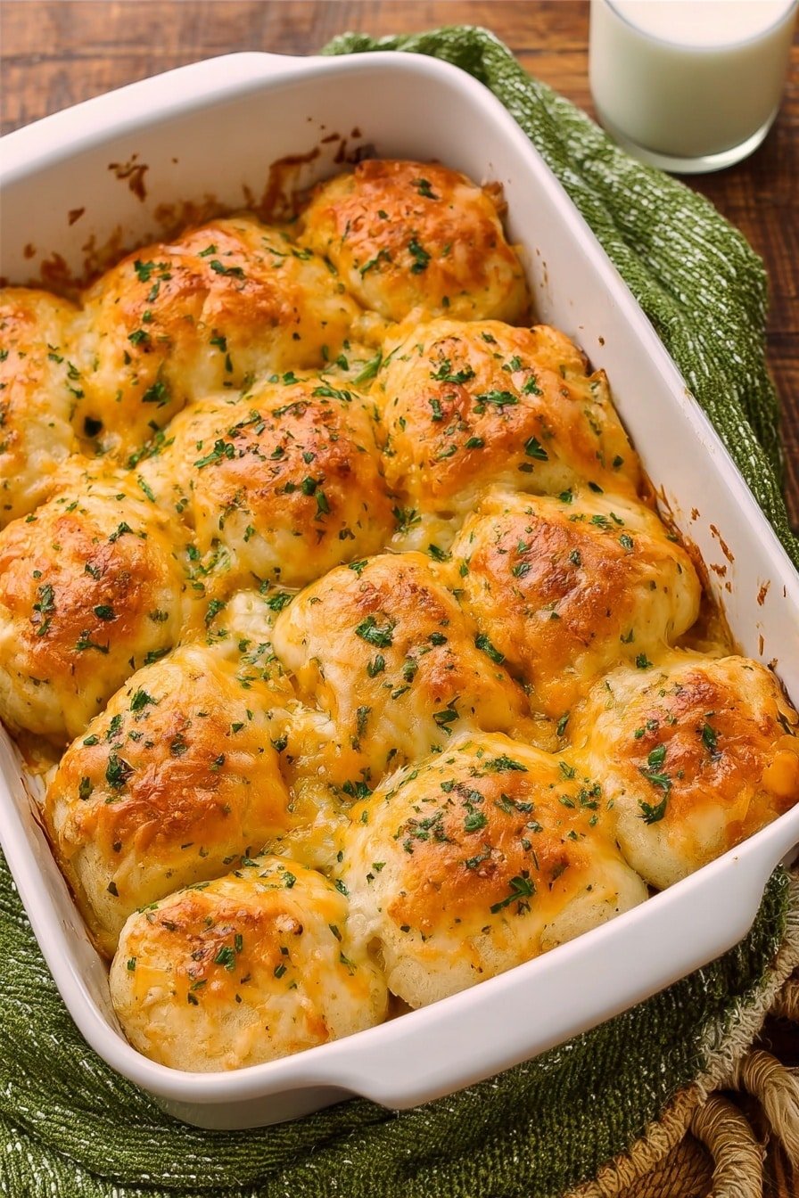 The image shows a white rectangular baking dish filled with two rows of golden-brown baked rolls. Each roll is covered with melted cheese that has a slightly crispy and browned texture on top. The rolls are sprinkled with finely chopped green herbs, giving a fresh contrast to the golden color. The edges of the rolls show a soft and fluffy dough texture. The dish rests on a wooden surface with a green cloth next to it and a glass of milk nearby. photo taken with an iphone --ar 2:3 --v 7