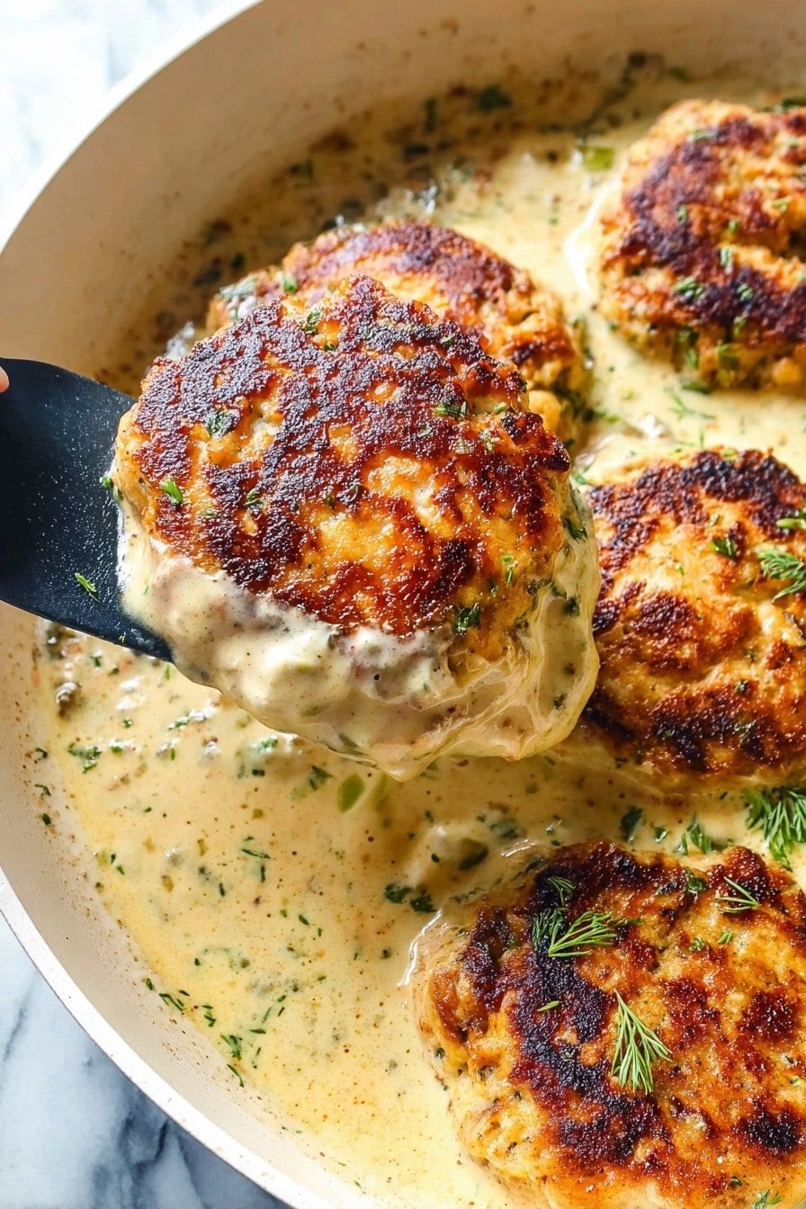 The image shows a close-up of several golden brown patties cooking in a creamy sauce inside a dark pan. Each patty has a crispy, slightly charred surface with different shades of brown and orange, and small bits of green herbs sprinkled on top. The creamy sauce around them is beige with green herb flecks, looking smooth and thick. A woman’s hand holds one patty above the others with a spatula, showing its browned texture and creamy sauce dripping down from the edges. The background beneath the pan is a white marbled surface. photo taken with an iphone --ar 2:3 --v 7