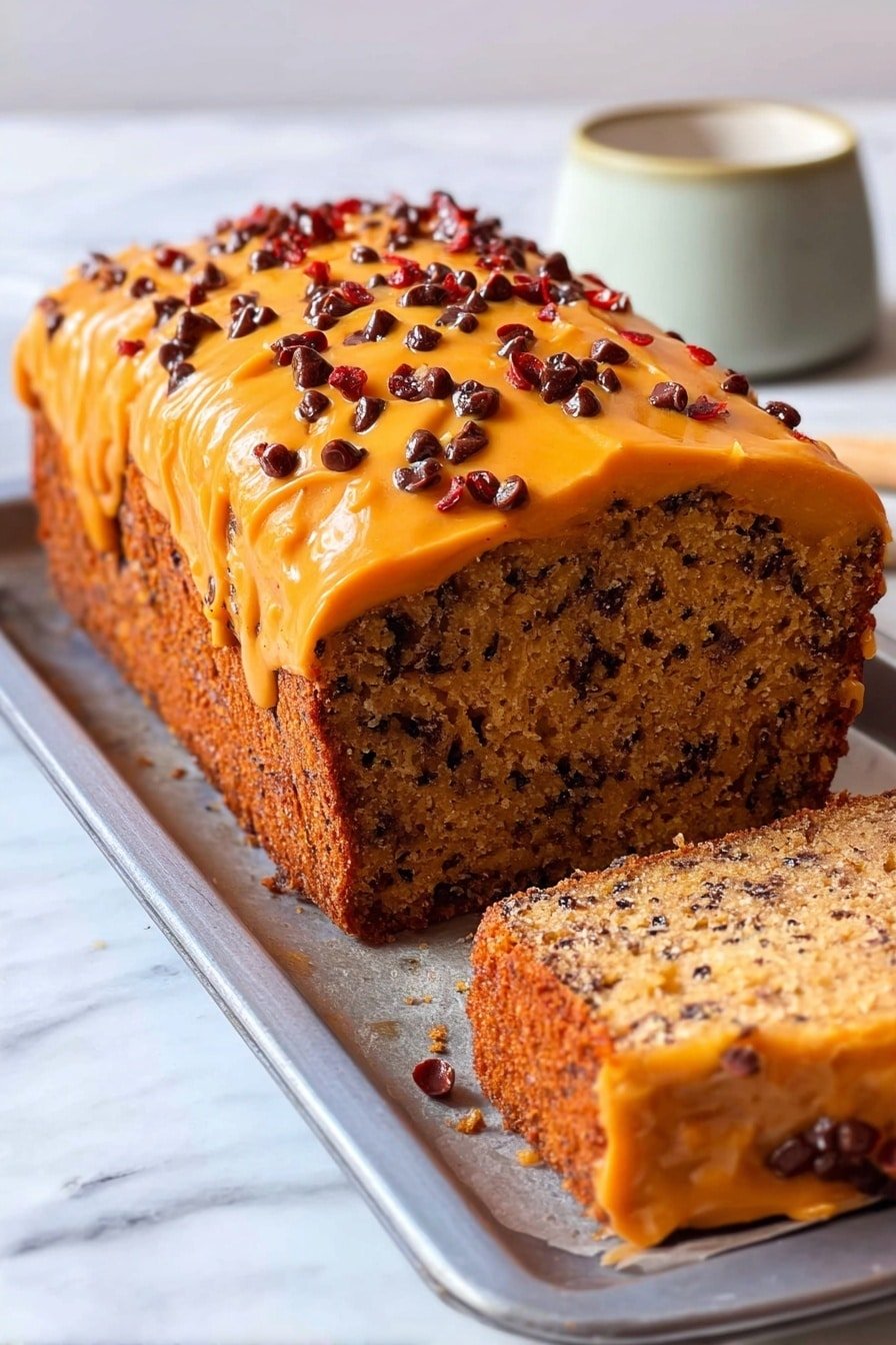 The image shows a loaf-shaped cake with two main layers: the bottom layer is light brown and speckled with dark bits throughout, giving it a textured look. On top is a thick layer of smooth orange frosting that drapes slightly over the edges, with small round dark brown pieces and reddish pieces scattered evenly across the surface. The cake sits on a metal tray on a white marbled surface, with part of the cake cut to reveal the inside. In the background, there is a white bowl with some small pieces inside and a white plate filled with the round dark pieces seen on the cake. A woman's hand is not visible but implied for holding or serving. Photo taken with an iphone --ar 2:3 --v 7