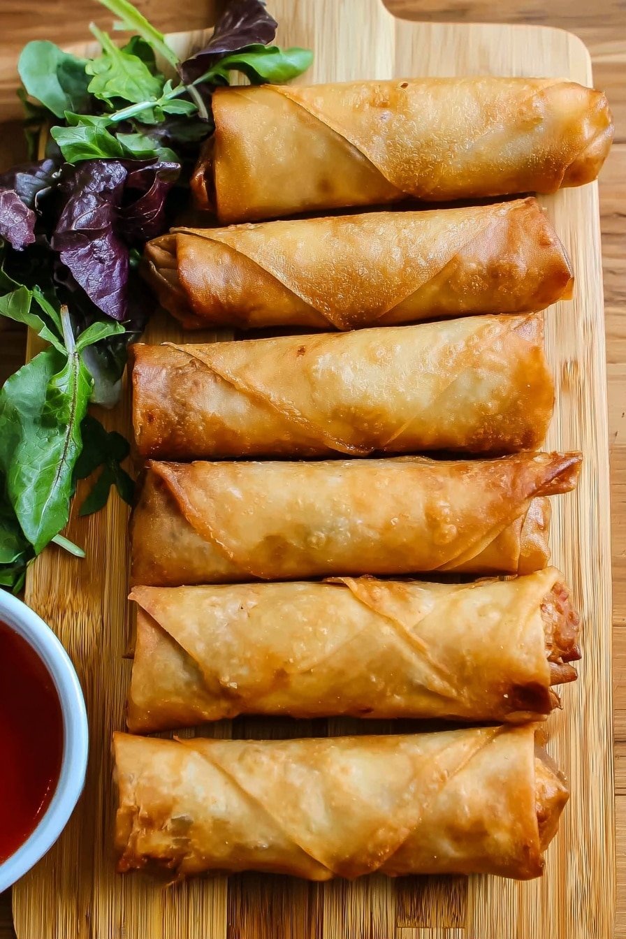 The image shows a row of seven golden brown spring rolls neatly placed side by side on a wooden board. Each spring roll has a crispy texture with slight variations in the golden color and visible folds on the surface. To the left of the spring rolls is a small bunch of fresh leafy greens with dark green and purple tinted leaves adding a touch of color contrast. At the bottom edge, there is a small white bowl partially visible filled with red dipping sauce that has a glossy surface. The wooden board underneath provides a warm light brown base with a natural grain pattern. The entire scene is set on a white marbled surface. Photo taken with an iphone --ar 2:3 --v 7
