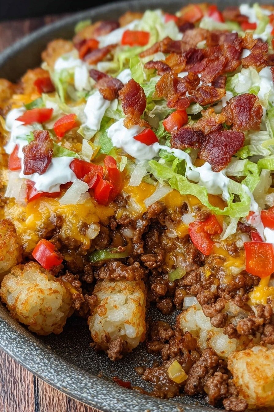 This image shows a layered dish in a black skillet. The bottom layer is a mix of soft white and lightly golden textured potato pieces. Above this is a layer of browned ground meat mixed with small bits of cooked onions and diced yellow and red peppers, adding some color. On top of the meat is melted yellow cheese blended into the layers. The upper layer has light green, chopped lettuce pieces, deep red bacon strips, and dollops of white sour cream spread unevenly over the top. The background has a white marbled texture. photo taken with an iphone --ar 2:3 --v 7