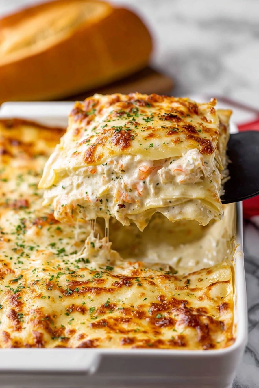 A white baking dish holds a thick, creamy lasagna being lifted by a metal spatula. The lasagna has multiple layers showing smooth, white cheese sauce and tender pasta sheets with small bits of herbs inside. The top layer is golden brown and bubbly with melted cheese browned in spots, sprinkled with chopped green herbs. The dish sits on a white marbled surface, with a loaf of bread blurred in the background. photo taken with an iphone --ar 2:3 --v 7