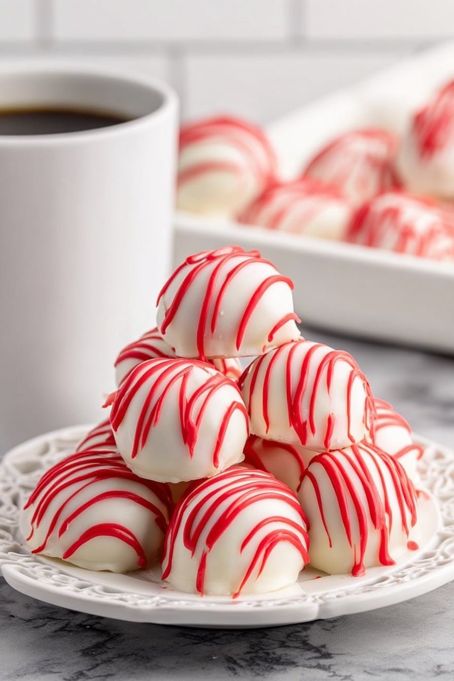 A white plate holds a stack of seven round, smooth white balls with bright red lines drizzled over them in loose, flowing patterns. The balls look glossy and soft with the red drizzle providing a vivid contrast. In the background, there is a white mug with a black drink inside and more of the same white balls with red drizzle on a white tray. Everything rests on a white marbled surface with a bright, clean ambiance. photo taken with an iphone --ar 2:3 --v 7