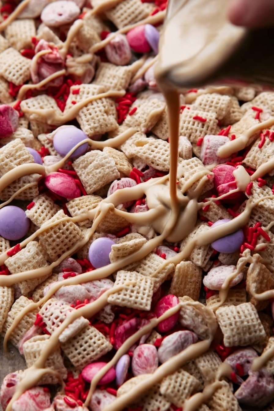 The image shows a close-up of a snack mix on a white marbled surface, filled with small square-shaped cereal pieces that are light beige in color and have a grid texture. Scattered throughout are pink and purple candy-coated chocolates and tiny red sprinkles adding pops of color. A woman's hand is seen in the top right corner, drizzling a creamy, light beige sauce over the snack, creating thin, wavy lines across the mix. The overall look is textured with crunchy pieces and smooth drizzled topping, all tightly packed in the frame. photo taken with an iphone --ar 2:3 --v 7