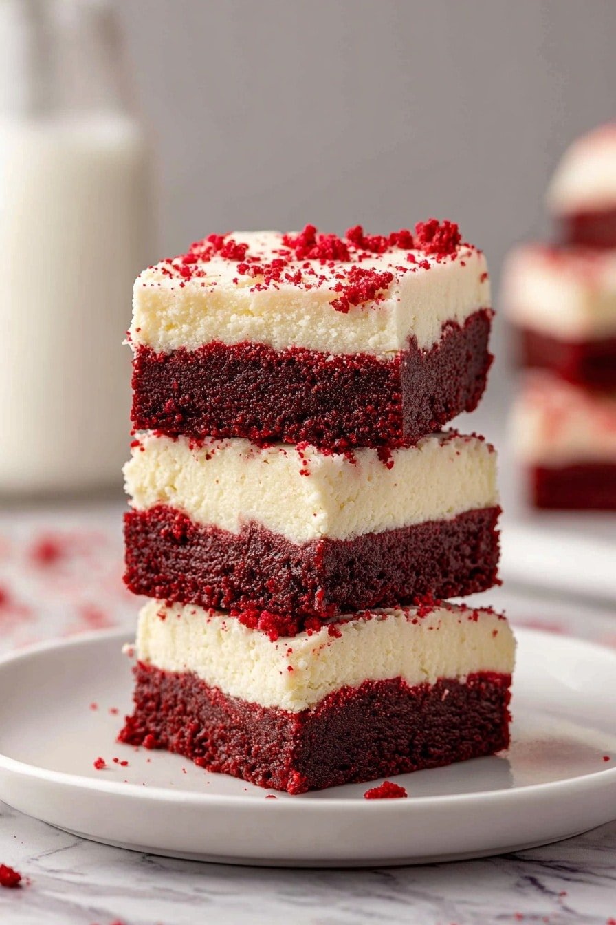 A stack of three square dessert bars sits on a white plate, each bar showing two distinct layers. The bottom layer is thick, dark red with a dense, slightly crumbly texture. On top is a thick, creamy white layer that looks smooth and rich, with small red crumbs scattered on it. Red crumbs are also visible around the plate on a white marbled surface, and a blurred background with a white milk bottle can be seen behind. photo taken with an iphone --ar 2:3 --v 7
