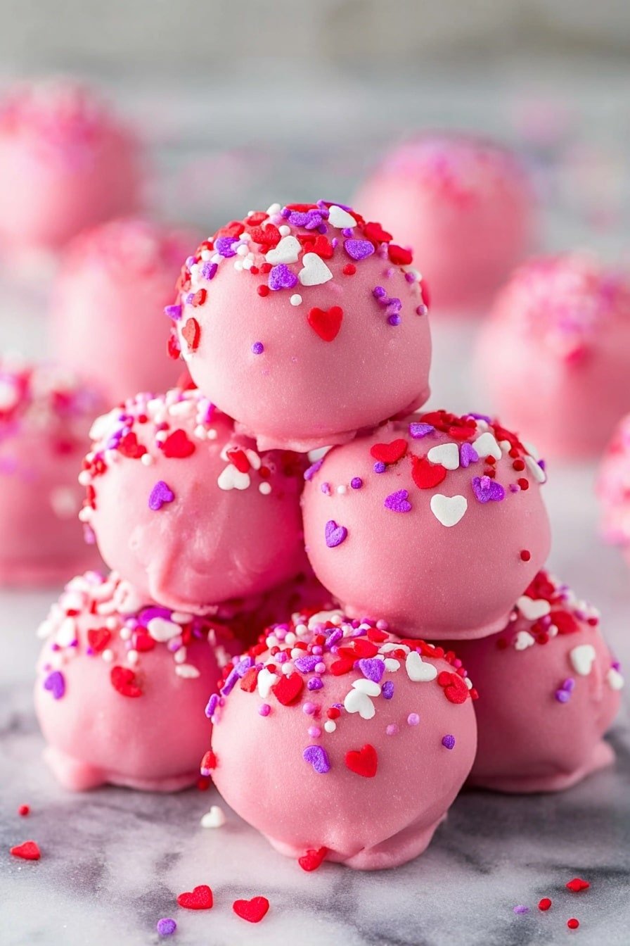 A stack of smooth, round pink cake balls covered in a shiny pink coating, each topped with small heart-shaped sprinkles in red, white, and purple colors. The cake balls are piled in a small pyramid on a white marbled surface. In the background, more cake balls are softly blurred, also sitting on the same white marbled texture. The lighting is bright and natural, highlighting the shiny and smooth texture of the coating and the vibrant colors of the sprinkles. photo taken with an iphone --ar 2:3 --v 7