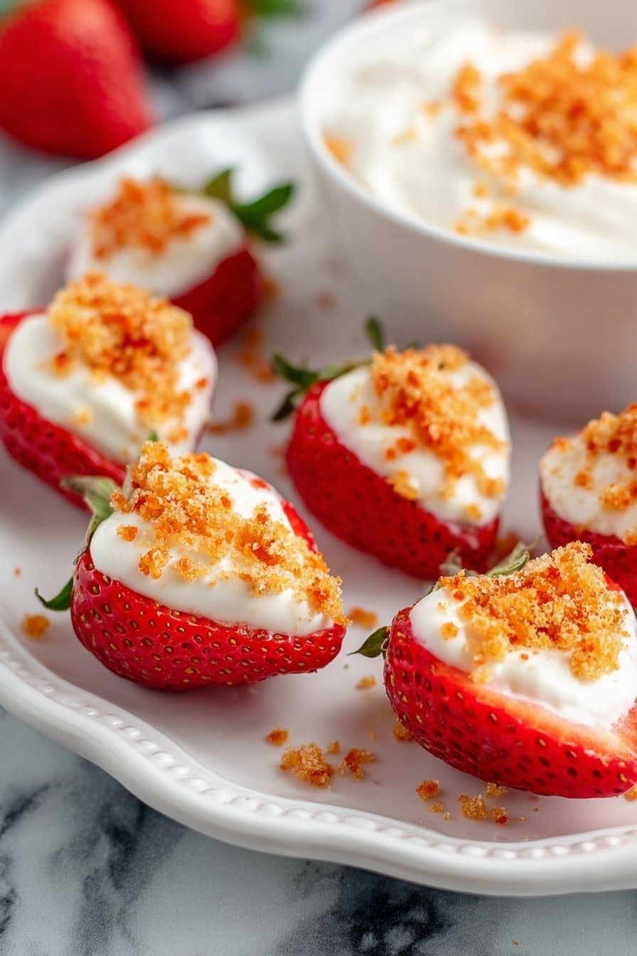 The image shows a white plate with halved bright red strawberries, each topped with a smooth white cream layer and sprinkled with small orange crumb pieces. In the background, there is a white bowl filled with the same white cream and topped with the same orange crumbs. The plate is placed on a white marbled surface. The strawberries look juicy and fresh, the cream looks soft and thick, and the crumb topping adds a crunchy texture. photo taken with an iphone --ar 2:3 --v 7