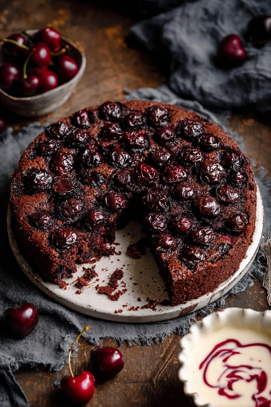 A round dark brown cherry cake with a uneven textured top filled with many shiny, dark cherries sits on a round white ornate plate. One slice is missing, showing the moist crumb inside, and some crumbs are scattered near the cut area. Around the plate on a wood texture are several fresh cherries and a white ornate bowl with creamy white and red swirled sauce. A dark cloth is laid in the background, which has a blurred texture. photo taken with an iphone --ar 2:3 --v 7