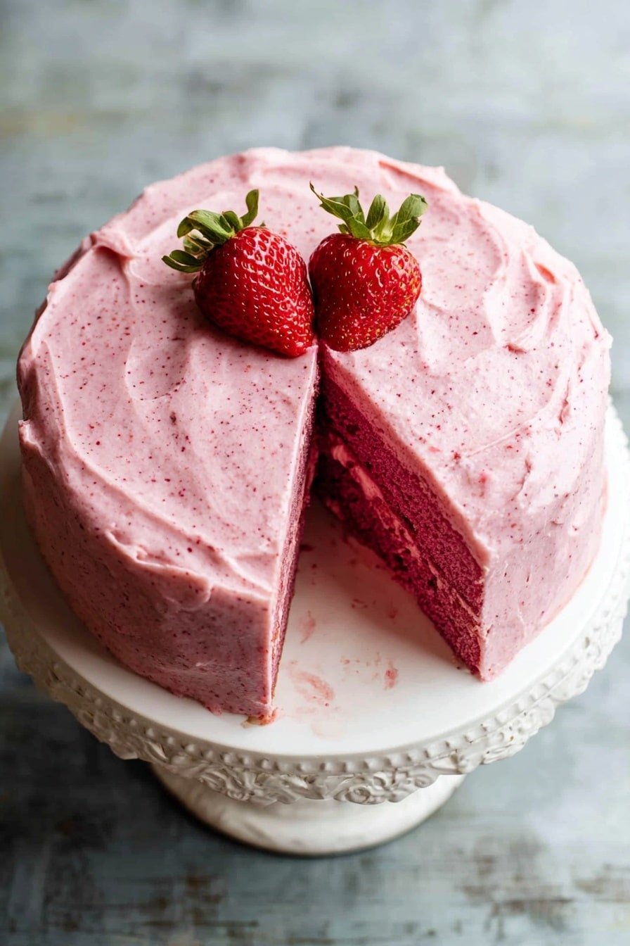 A round cake with two visible layers sits on a white ornate cake stand placed on a wood texture. The bottom layer is dark brown and the top layer is covered evenly with thick, creamy pink frosting that has tiny red specks throughout. The frosting is textured with soft swirls across the top surface. Two fresh red strawberries with green leaves are placed in the center of the cake. One slice of the cake is cut out, showing the inner layers and the same pink frosting spread over the cake sides. The background is a blurred texture. photo taken with an iphone --ar 2:3 --v 7