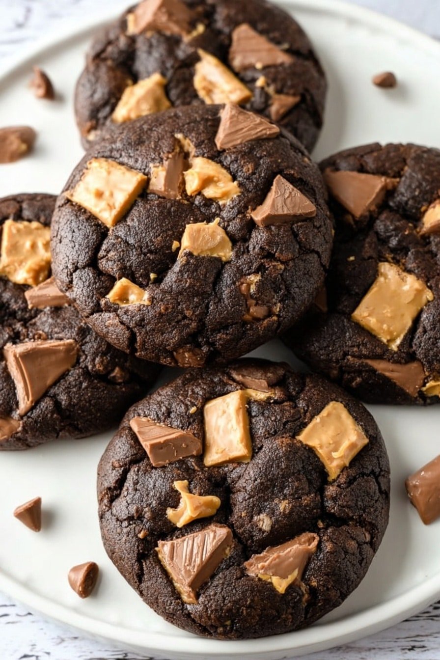 The image shows five thick, round dark chocolate cookies on a white ornate surface with a wood texture underneath. Each cookie is topped with uneven pieces of milk chocolate and peanut butter candy, giving a mix of light brown and creamy beige colors on the dark black cookie dough. The cookie textures look soft and slightly cracked, with the candy pieces scattered mostly on the top layer of each cookie. The blurred texture background keeps the focus on the cookies. photo taken with an iphone --ar 2:3 --v 7