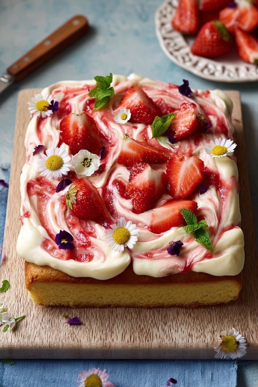 The image shows a single-layer square cake on a wooden texture board. The cake base is light golden brown with a smooth, thick layer of creamy white frosting spread unevenly on top. Swirls of bright red strawberry sauce are mixed into the frosting, creating a marbled pattern. Fresh strawberry slices are scattered evenly on the surface along with small green leaves and white daisy-like edible flowers. There are also tiny dark purple flower petals sprinkled around. The background is a blurred texture, and a white ornate plate with more strawberry slices is visible on the side with a blue cloth beneath the wooden texture board. Photo taken with an iphone --ar 2:3 --v 7