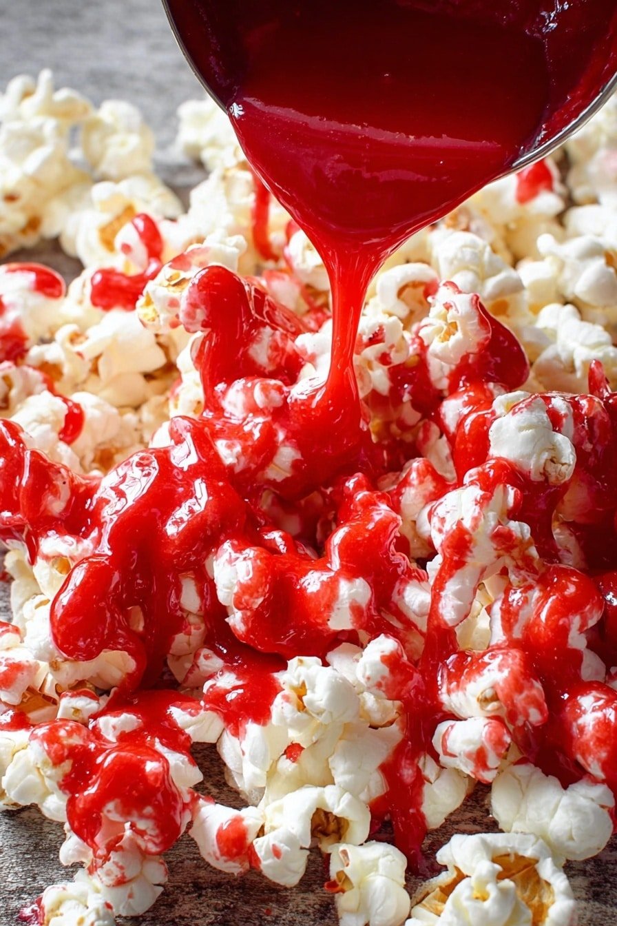 A close-up view shows bright red sauce being poured from a ladle over a pile of white popcorn. The popcorn is spread out in a single layer, and the sauce drips and coats the popcorn unevenly, creating thick and thin streams of glossy red color on the soft popcorn's surface. The popcorn and sauce rest on a wood texture. The background is a blurred texture. photo taken with an iphone --ar 2:3 --v 7