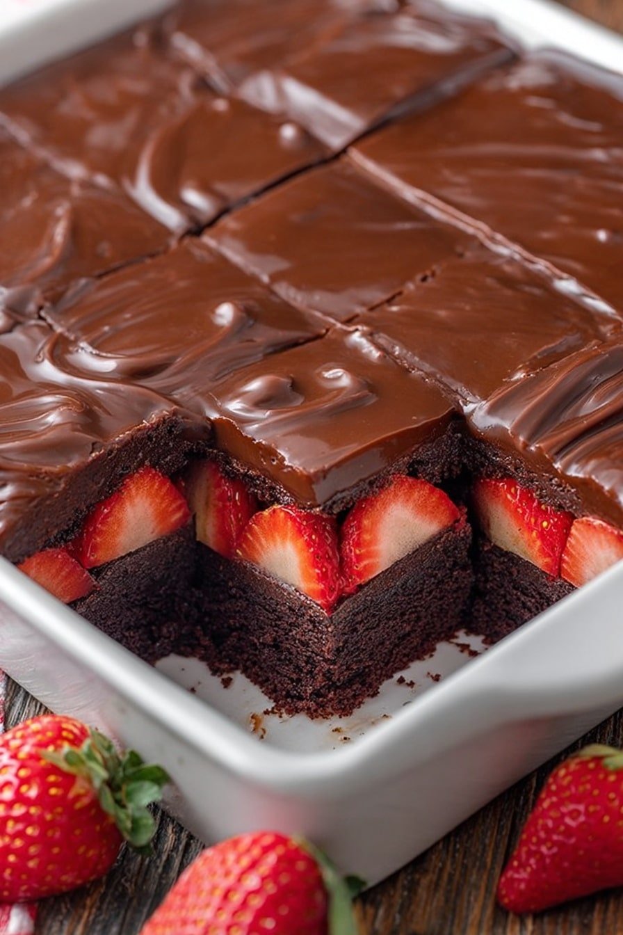 The image shows a chocolate dessert in a clear glass square dish on a wood texture. The dessert has three layers: the bottom layer is a dark brown, soft cake; the middle layer consists of whole strawberry halves placed side by side with the red and white inner fruit visible; the top layer is a thick, smooth, shiny chocolate glaze covering the strawberries and cake completely, with some ripples and small bubbles on the surface. A few pieces are sliced into squares, and the dish is shown with one square missing, revealing the layers clearly. There are a couple of whole strawberries with green tops placed near the dish on the wood texture. The background is blurred texture. photo taken with an iphone --ar 2:3 --v 7