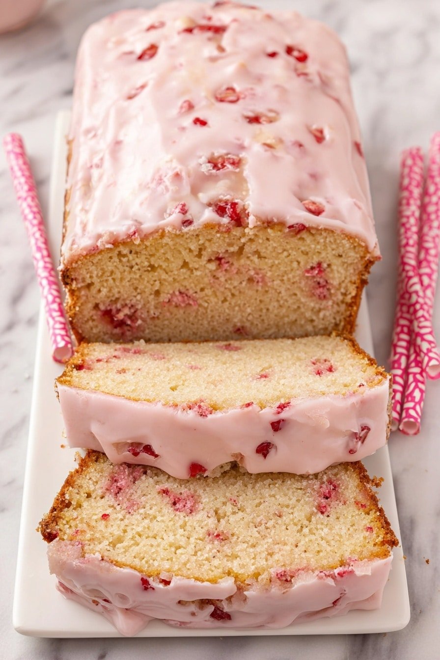 A loaf cake with three visible horizontal layers rests on a white rectangular plate on a white marbled surface. The top layer is a pale pink icing with small pieces of red fruit embedded in it, covering the entire top and dripping slightly down the sides. The middle and bottom layers are the cake itself, light golden-brown with a slightly crumbly texture and small red fruit bits spread evenly inside. Two slices are cut from the front, showing the inside texture and fruit pieces clearly, while two pink and white patterned straws lie next to the plate. Photo taken with an iphone --ar 2:3 --v 7