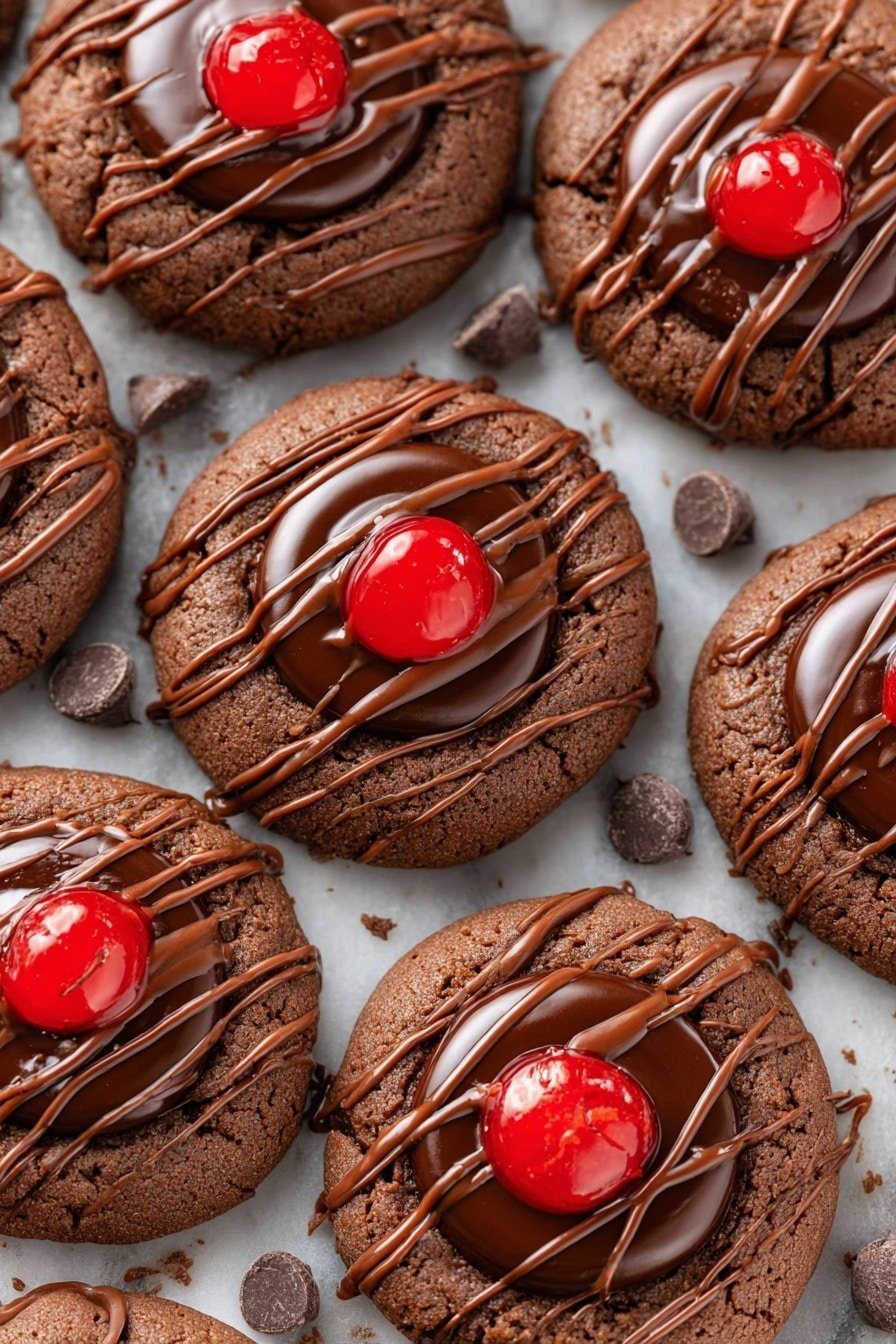 The image shows several round chocolate cookies arranged close together on a white marbled surface, each with three distinct layers. The base layer is a thick, soft-looking dark brown cookie. The middle layer is a glossy, smooth dark chocolate spread placed in the center of each cookie. On top of the chocolate spread, there is a bright red cherry sitting neatly in the middle. The final layer is a light drizzle of milk chocolate, zigzagged across the cookie's top, adding texture and shine. Small chocolate chips are scattered around the cookies on the white marbled surface. photo taken with an iphone --ar 2:3 --v 7