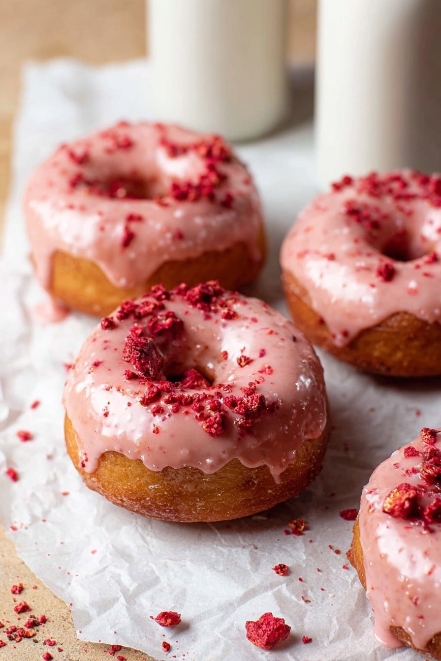 The image shows four round doughnuts with a light golden brown color, each covered with a shiny pink glaze that drips slightly down the sides. On top of the glaze, there are small pieces of crushed red fruit scattered over the doughnuts. They are placed on a piece of brown paper that lies on a wooden surface. In the background, two white bottles are visible, slightly out of focus. Some crumbs and bits of red fruit are scattered around the doughnuts. photo taken with an iphone --ar 2:3 --v 7