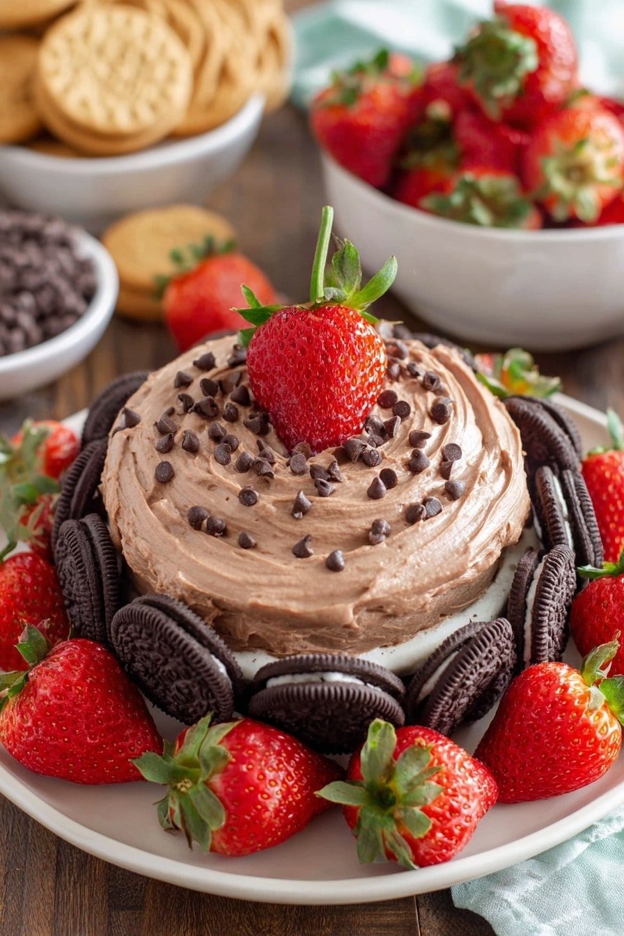 A clear glass plate holds a dessert with four visible layers: the bottom layer is made of stacked dark chocolate sandwich cookies with white cream filling, standing upright around the plate's edge; above that is a layer of soft, light brown chocolate mousse spread in a round, slightly thick layer, topped with small dark chocolate chips scattered all over and a halved bright red strawberry with green leaves placed in the center; fresh whole strawberries with green tops are piled tightly on one side of the plate, spilling over slightly; in the background, there are white bowls with more strawberries and round cookies placed on a white marbled surface. photo taken with an iphone --ar 2:3 --v 7