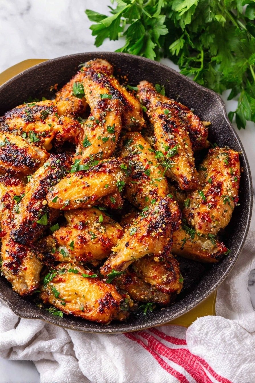 A round black cast iron skillet filled with many golden-brown baked chicken wings, each wing coated with a crunchy texture of melted cheese and herbs, scattered with small green parsley pieces. The wings show crisp, roasted skin with some charred spots, creating a textured look. The skillet rests on a white marbled surface, with a white cloth that has a red-striped edge partially visible in the lower right corner. Fresh leafy parsley is placed in the upper left background, adding a fresh green color to the scene. Photo taken with an iphone --ar 2:3 --v 7