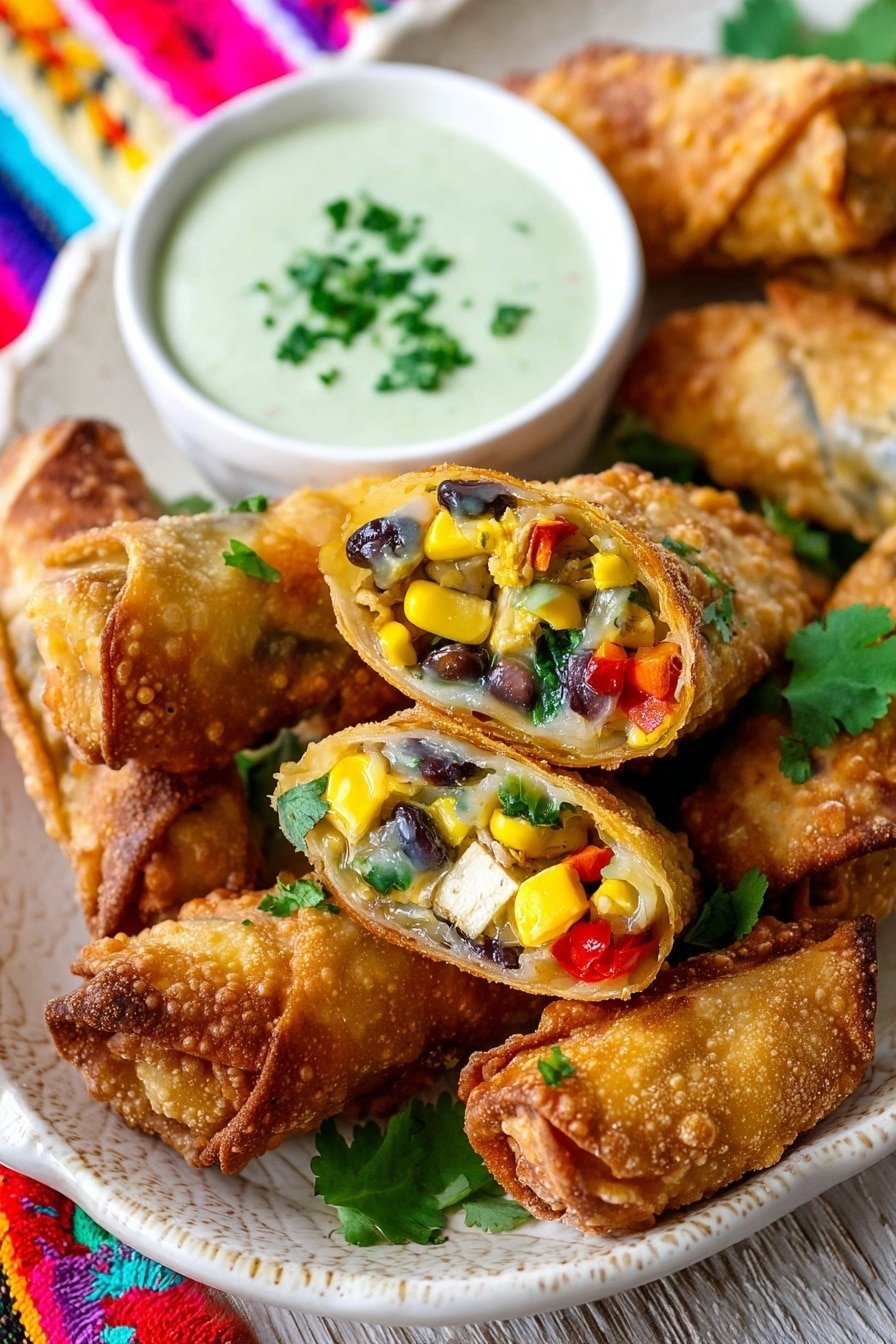 The image shows a white plate filled with crispy golden brown egg rolls cut in half to reveal their colorful filling layers, including yellow corn kernels, black beans, small red pepper pieces, green leafy vegetables, and white tofu cubes, all packed tightly inside a crunchy fried wrapper. Next to the egg rolls on the plate is a small white bowl of creamy light green sauce garnished with fresh cilantro leaves. The plate is placed on a white marbled surface with a brightly colored cloth in the background. The overall presentation is bright, fresh, and inviting. photo taken with an iphone --ar 2:3 --v 7