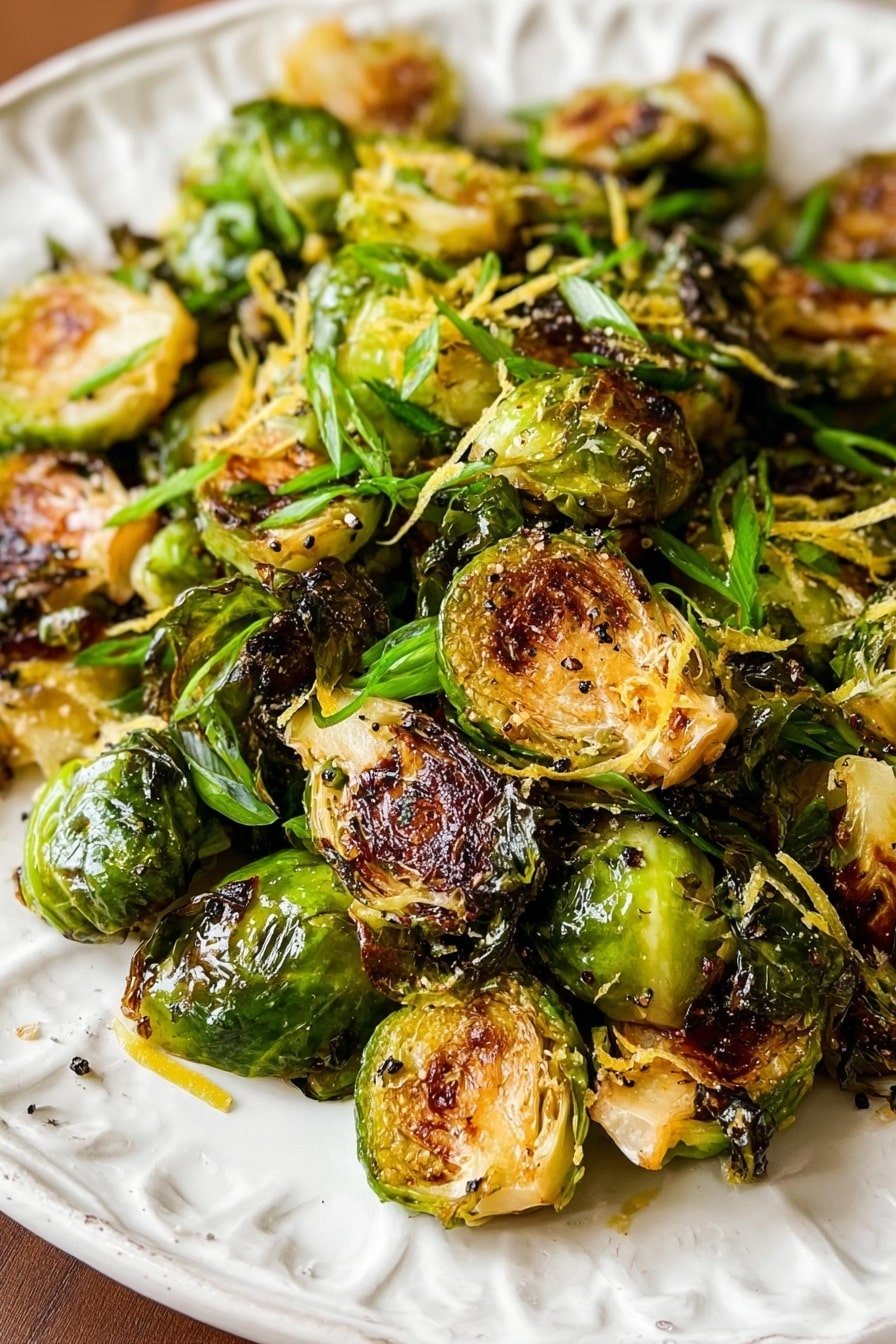 A white plate filled with crispy roasted Brussels sprouts, each cut in half showing a golden-brown seared surface with some edges darker and slightly charred. The sprouts are scattered unevenly on the plate, layered with fresh green sliced scallions and tiny bits of pale yellow lemon zest sprinkled on top. The roasted leaves have a shiny, slightly oily texture, and there are small dark flecks of seasoning throughout. The background is a white marbled surface. photo taken with an iphone --ar 2:3 --v 7