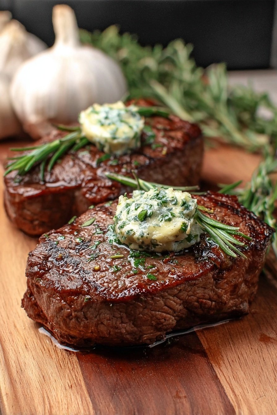 Two thick, dark brown grilled steaks sit on a wooden board with a shiny, juicy surface. Each steak has a small round dollop of light green herb butter on top, mixed with pieces of fresh garlic and parsley, and is garnished with a fresh green rosemary sprig. In the background, some fresh garlic bulbs and more rosemary sprigs are slightly out of focus. The scene is set on a white marbled surface. Photo taken with an iphone --ar 2:3 --v 7