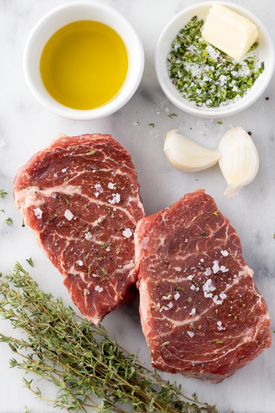 Flat lay of two raw filet mignon steaks with a deep red color and marbling, a small white bowl of golden olive oil, a few grains of coarse sea salt scattered nearby, a small pile of freshly ground black pepper, a small white bowl containing softened pale yellow unsalted butter mixed with finely chopped bright green parsley, thyme, and rosemary, and a single peeled garlic clove placed beside the bowl, all arranged symmetrically on a clean white marble surface, soft natural light, photo taken with an iPhone, professional food photography style, fresh ingredients, white ceramic bowls, no bottles, no duplicates, no utensils, no packaging --ar 2:3 --v 7 --p m7354615311229779997