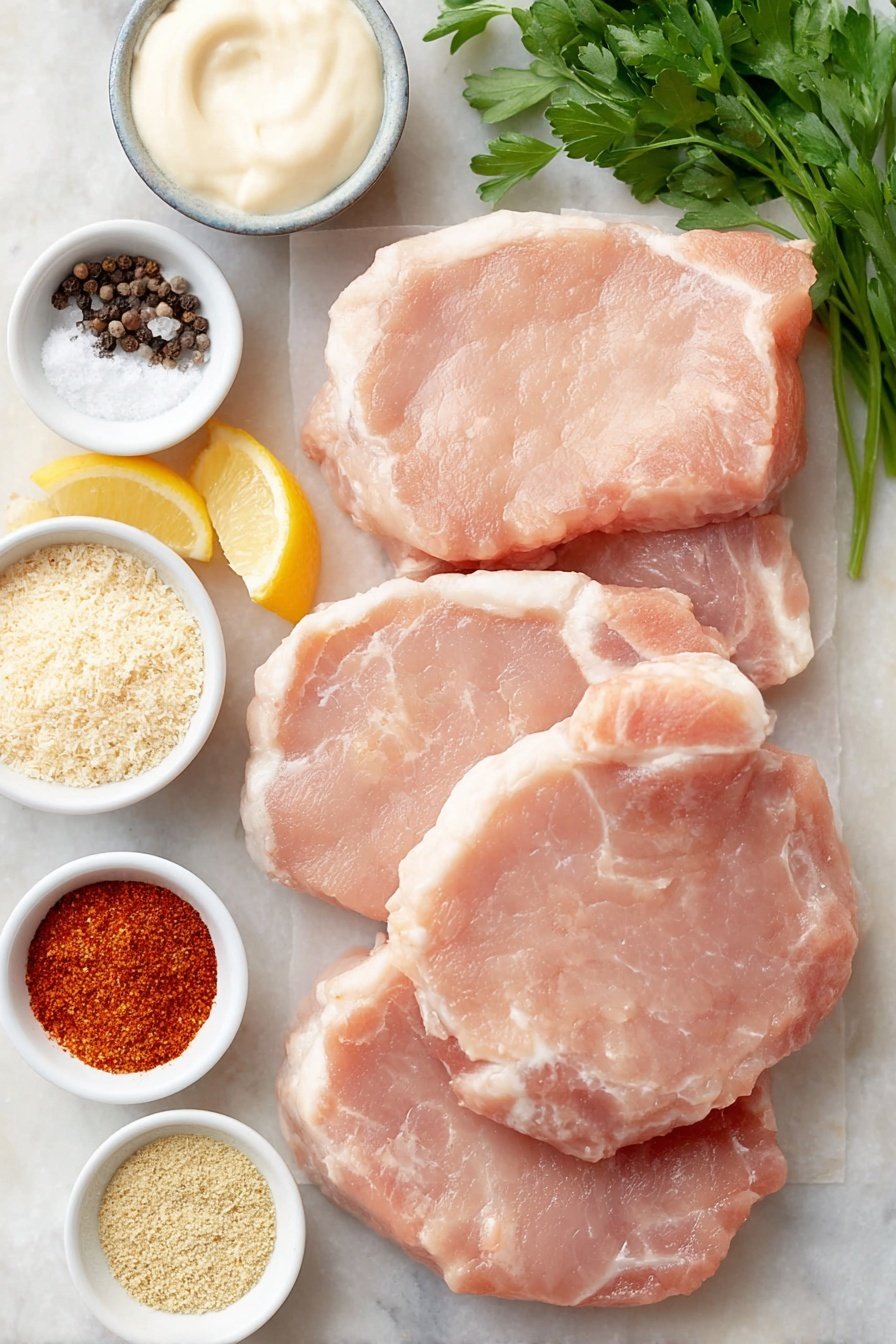 Flat lay of four fresh boneless pork chops with smooth pale pink flesh, a small mound of plain golden breadcrumbs in a simple white ceramic bowl, a small white bowl holding bright red smoked paprika powder, another small white bowl with coarse kosher salt crystals, a small white bowl of fine black peppercorns, a small white bowl with pale beige garlic powder, a small white bowl containing light yellow onion powder, a small white bowl with tiny beige celery seeds, a small heap of freshly grated off-white Parmesan cheese on a white ceramic plate, a small white bowl filled with creamy pale mayonnaise, a few bright yellow lemon wedges arranged neatly, and a few sprigs of vibrant green fresh parsley, all placed on a clean white marble surface, soft natural light, photo taken with an iPhone, professional food photography style, fresh ingredients, white ceramic bowls, no bottles, no duplicates, no utensils, no packaging --ar 2:3 --v 7 --p m7354615311229779997