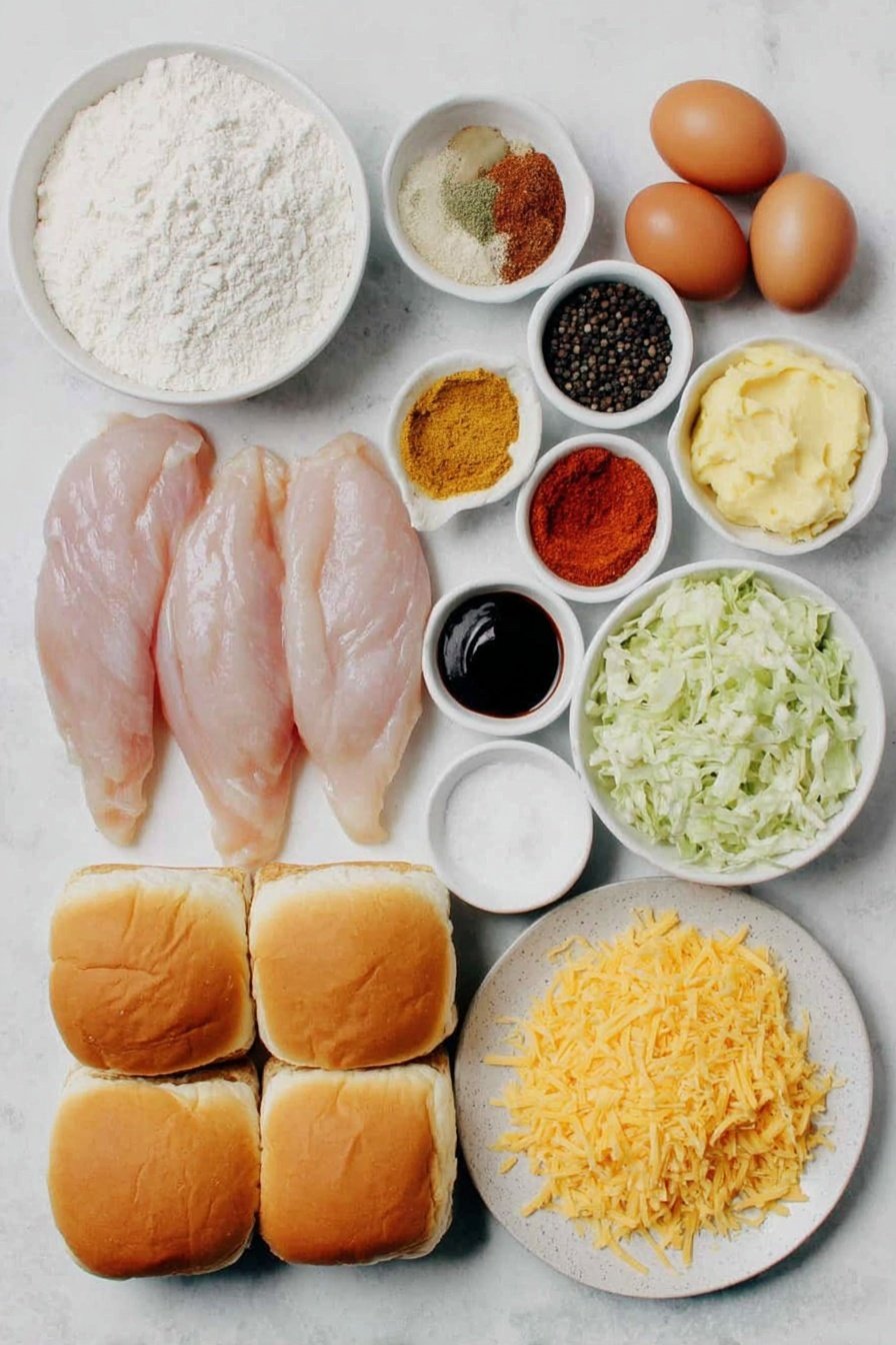 Flat lay of fresh raw chicken tenders, two whole uncracked brown eggs, a small bowl of white all-purpose flour, a small bowl of white cornstarch, a small bowl of bright red cayenne pepper powder, a small bowl of deep brown paprika powder, a small bowl of golden brown light brown sugar, a small bowl of coarse white salt, a small bowl of black peppercorns, a small bowl of pale garlic powder, a small bowl of vibrant reddish hot vegetable oil, shredded green and purple cabbage in a small white bowl, a small white bowl of creamy pale mayonnaise, a small white bowl of clear vinegar, a small white bowl of bright red ketchup, a small white bowl of granulated white sugar, thinly sliced fresh green pickles arranged neatly on a plain white ceramic plate, soft slider buns with golden-brown tops arranged symmetrically, all placed on a clean white marble surface, soft natural light, photo taken with an iPhone, professional food photography style, fresh ingredients, white ceramic bowls, no bottles, no duplicates, no utensils, no packaging --ar 2:3 --v 7 --p m7354615311229779997