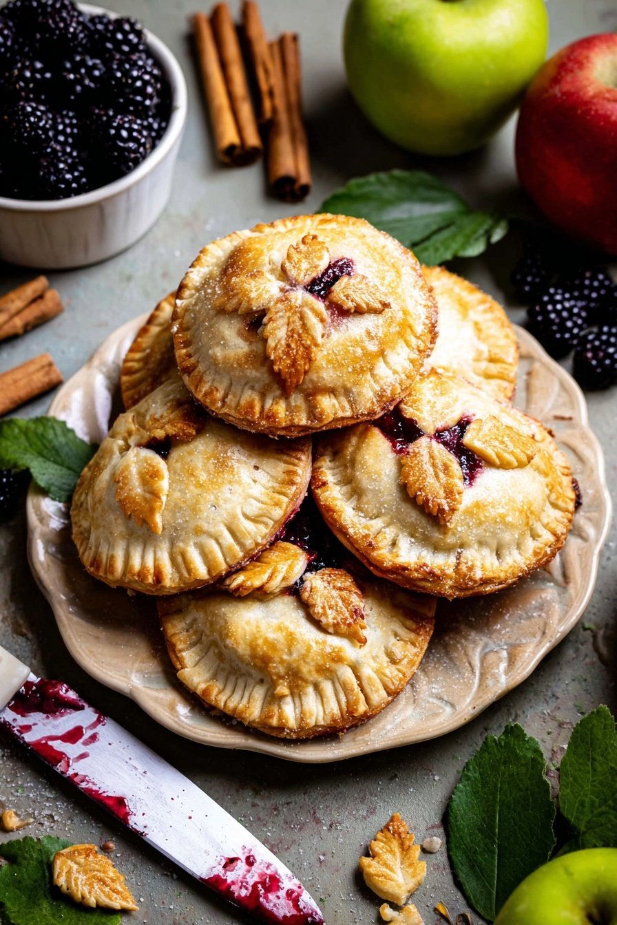 Five small round pies with a golden brown crust, each with two small leaf-shaped pastry decorations on top, sit stacked on a white plate. Red berry filling lightly oozes through small slits on the top of each pie. To the left, a white bowl holds blackberries, with some blackberries scattered nearby. Nearby are two cinnamon sticks and a knife with a white handle and some red berry stains on the blade. On the right side, three green apples with attached leaves rest on the white marbled surface, along with some scattered green leaves and pie crust scraps. The photo was taken with an iphone --ar 2:3 --v 7