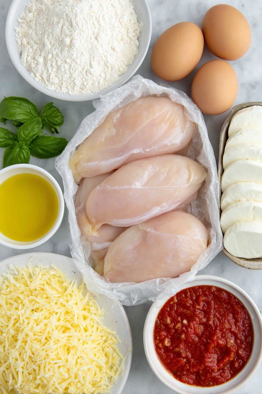 Flat lay of three raw chicken breasts sliced lengthwise, a small mound of all-purpose flour in a simple white ceramic bowl, three whole brown eggs with clean shells arranged next to a small white bowl of whisked eggs, a small white bowl filled with golden olive oil, a neat pile of golden breadcrumbs mixed with shredded parmesan cheese and dried Italian herbs on a white ceramic plate, a small white bowl of shredded parmesan cheese, six fresh mozzarella slices stacked evenly on a plain white plate, a small white bowl containing bright red marinara sauce, and a few fresh basil sprigs loosely scattered nearby, all placed on a clean white marble surface, soft natural light, photo taken with an iPhone, professional food photography style, fresh ingredients, white ceramic bowls, no bottles, no duplicates, no utensils, no packaging --ar 2:3 --v 7 --p m7354615311229779997