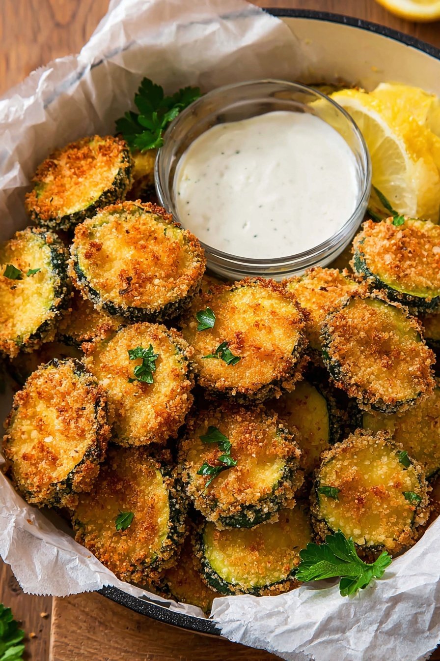 A black cast iron pan lined with crinkled brown parchment paper holds many round, golden brown crispy fried zucchini slices stacked closely. Each piece has a crunchy textured breadcrumb coating with green edges of zucchini visible underneath. To the top right inside the pan, a small clear glass bowl contains smooth, white dipping sauce. Next to the bowl, a few lemon wedges and bright green parsley sprigs add fresh color. The pan sits on a white marbled surface. photo taken with an iphone --ar 2:3 --v 7