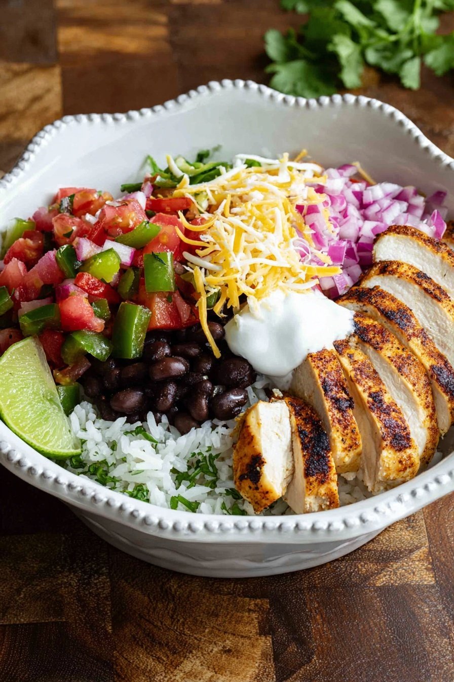 A white bowl holds a colorful dish with several layers, all resting on a white marbled surface. The bottom layer is white rice with small bits of green cilantro. On top of the rice, there is a mix of diced red tomatoes, green peppers, and purple onions creating a fresh salsa. Next to the salsa is a row of black beans, topped with a dollop of white cream and a sprinkle of shredded white cheese towards the back. Alongside these ingredients, there are several slices of golden-brown grilled chicken placed in a neat row. A small green lime wedge sits near the cheese, adding a pop of color. The bowl has a scalloped edge and the photo is taken with an iphone --ar 2:3 --v 7