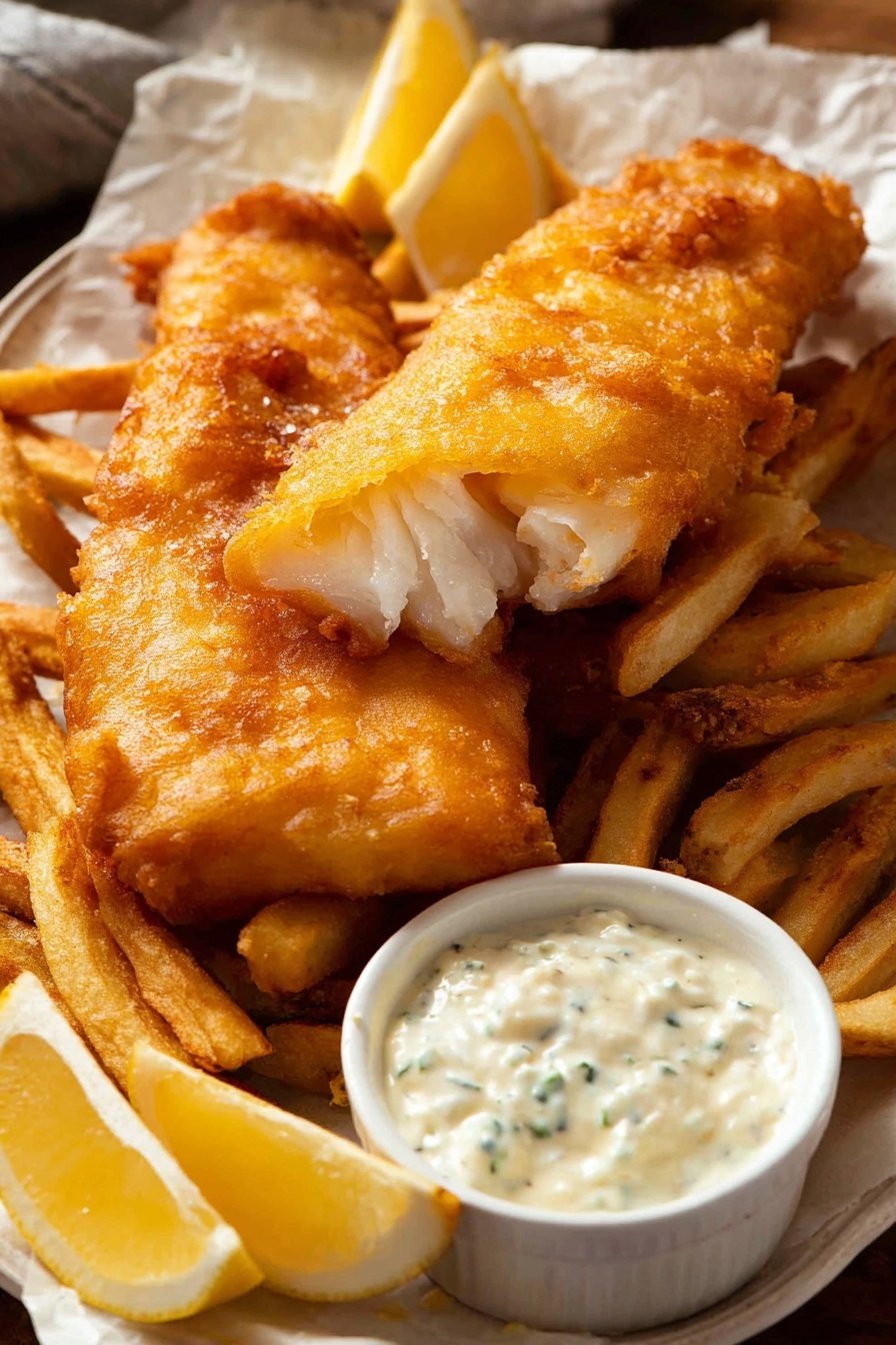 The image shows a white plate filled with thick golden-brown fries spread out unevenly on the bottom layer. On top of the fries, there are two large pieces of crispy fried fish, one whole and one broken to reveal the white flaky inside. The fish has a light sprinkling of coarse salt on its crunchy surface. To the left of the plate, there are two fresh lemon wedges with bright yellow skin and juicy inner flesh. At the front, there is a small white bowl filled with creamy tartar sauce that has small flecks of herbs in it. Everything is placed on a white marbled surface, and a woman's hand is just visible holding one piece of fish. Photo taken with an iphone --ar 2:3 --v 7