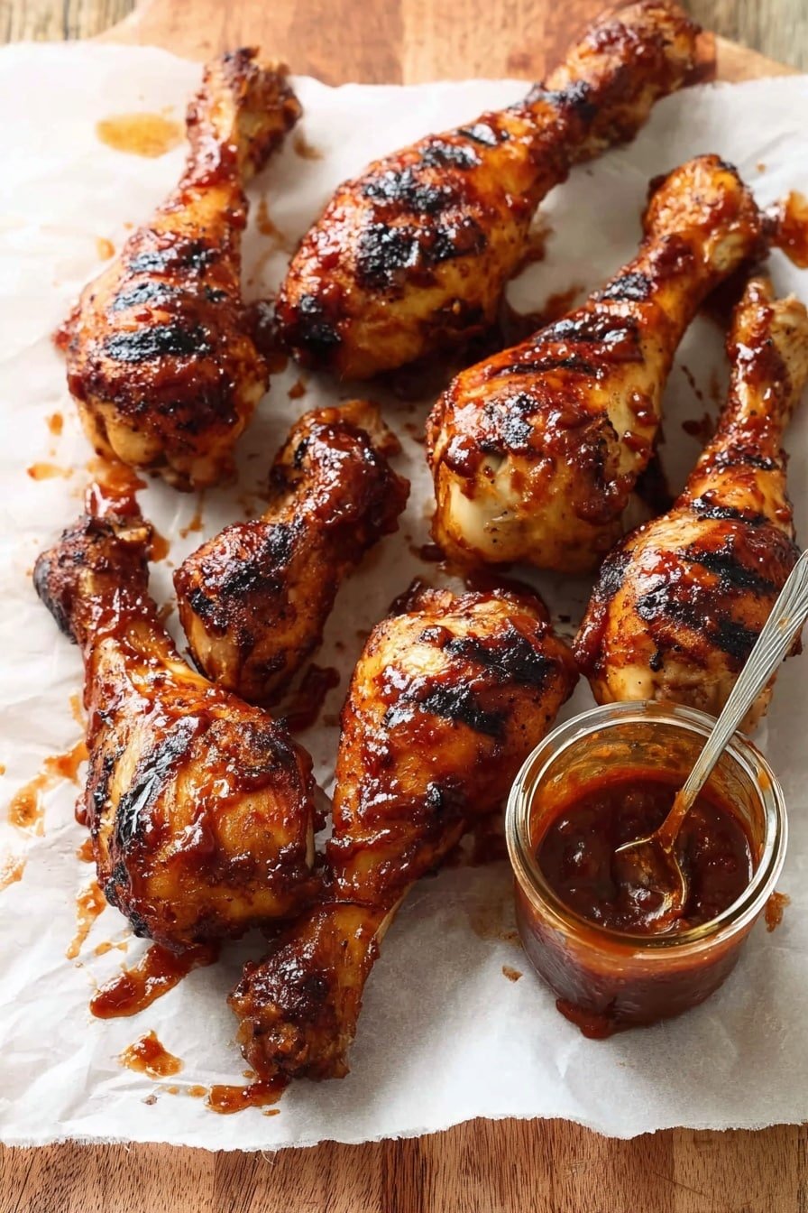 A wooden board lined with white parchment paper holds nine grilled chicken drumsticks. Each drumstick is coated with a shiny, dark reddish-brown sauce with visible char marks and caramelized spots, giving a textured look. On the right side of the board, a small glass jar filled with the same sauce sits, with a spoon inside it. The sauce looks thick and glossy, slightly dripping inside the jar. The background is a white marbled texture photo taken with an iphone --ar 2:3 --v 7