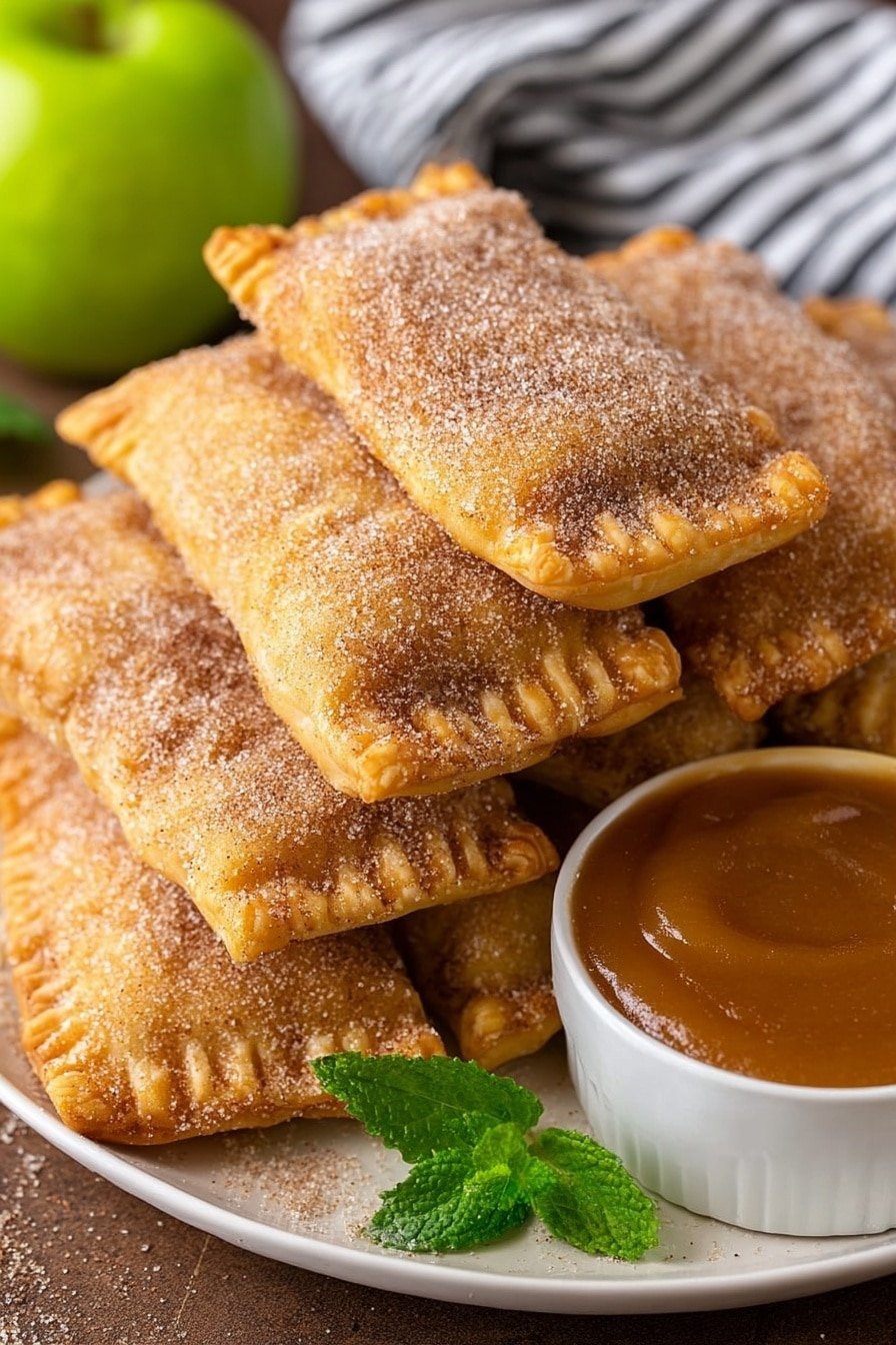 The image shows a white plate stacked with seven golden-brown fried pastries. Each pastry is rectangular with crimped edges and dusted evenly with a layer of cinnamon sugar, giving a textured, slightly sparkling look. To the right of the stack is a small white bowl filled with smooth caramel sauce, rich brown and shiny in texture. A small green mint leaf sits on the plate beneath the pastries, adding a fresh green contrast. The background is a clean white marbled surface, and a green apple and striped cloth peek from the top corners. photo taken with an iphone --ar 2:3 --v 7