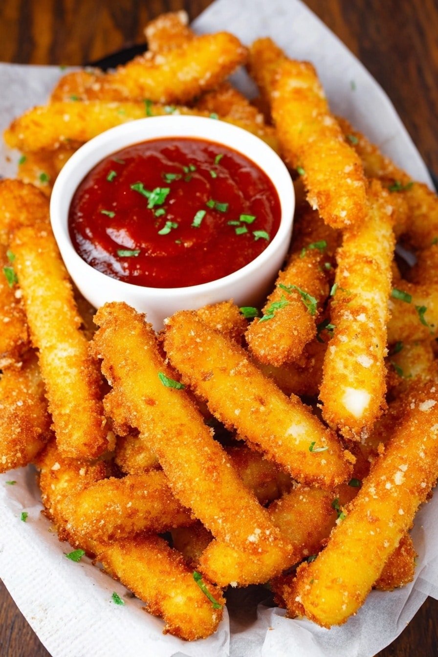 A white plate lined with white paper holds many golden brown fried sticks with a crispy texture and some green garnish sprinkled on top. In the center of the plate is a small white bowl filled with thick red sauce, also sprinkled with small green herbs. The fried sticks are arranged around the bowl in a casual pile. The background shows a white marbled surface. Photo taken with an iphone --ar 2:3 --v 7